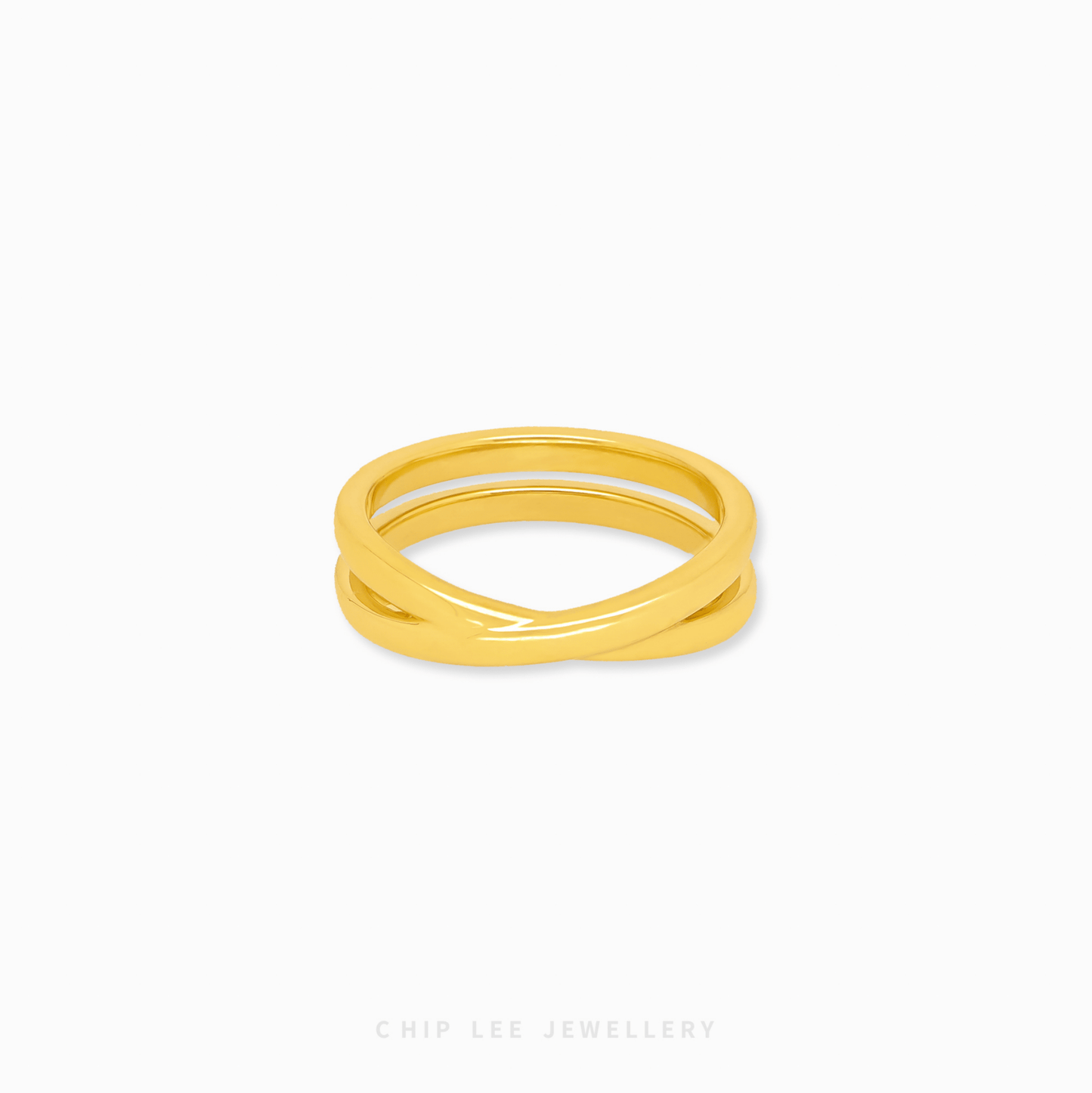 Double Loop Ring by Chip Lee Jewellery, 999 gold, interlocking loops, sleek minimalist design, adding elegance to any outfit.