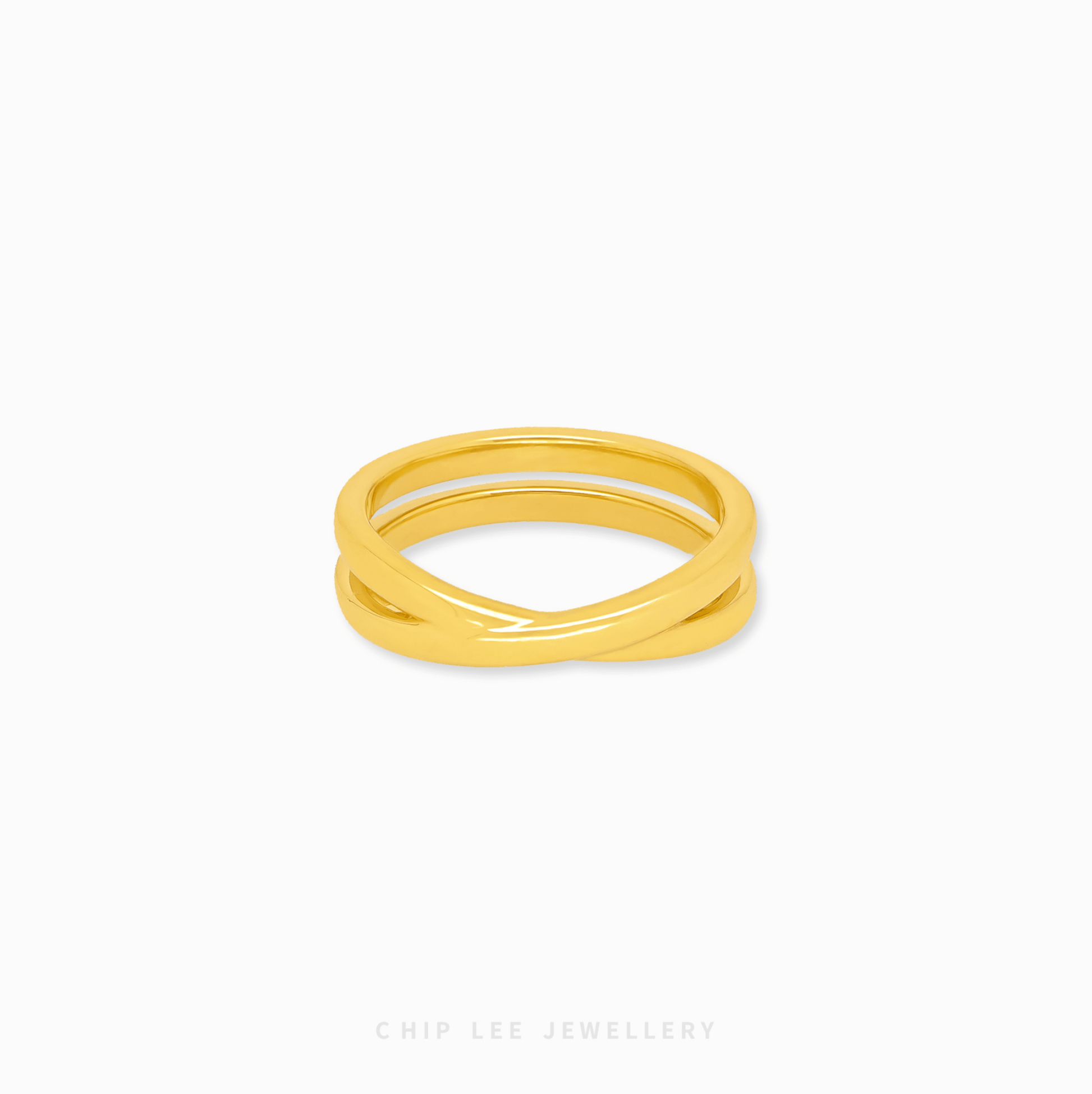 Double Loop Ring by Chip Lee Jewellery, 999 gold, interlocking loops, sleek minimalist design, adding elegance to any outfit.