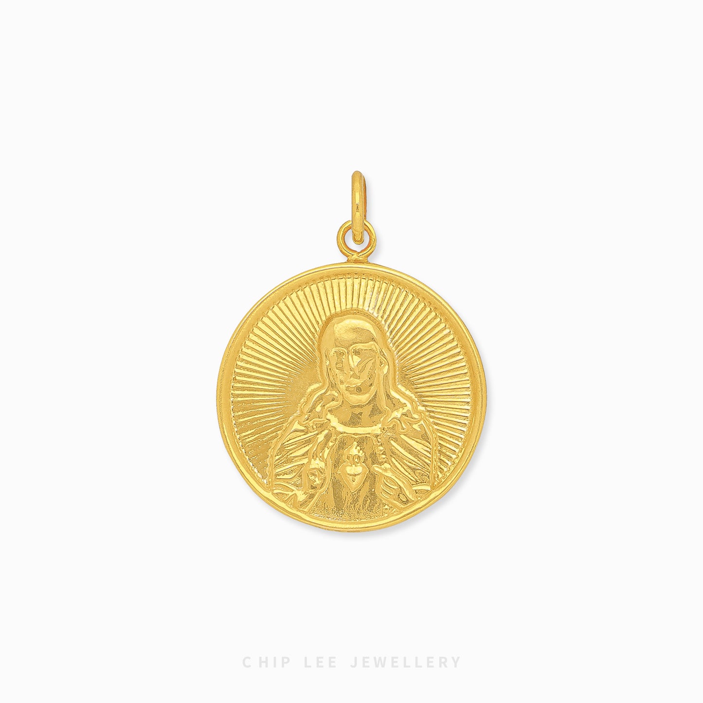 916 gold circular pendant with a detailed depiction of Jesus in the center. Hallmarked in Singapore for certified purity and authenticity.