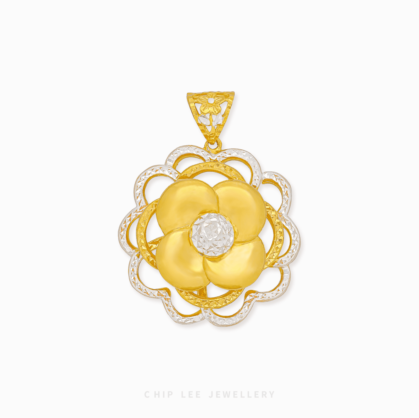 Duo Tone Camellia Flower Pendant in 916 Gold from Chip Lee Jewellery Singapore. Intricate two-tone design symbolizing devotion and resilience.