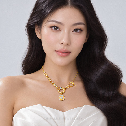 Duo Tone Circle Heart Toggle T-Bar Lock Necklace
