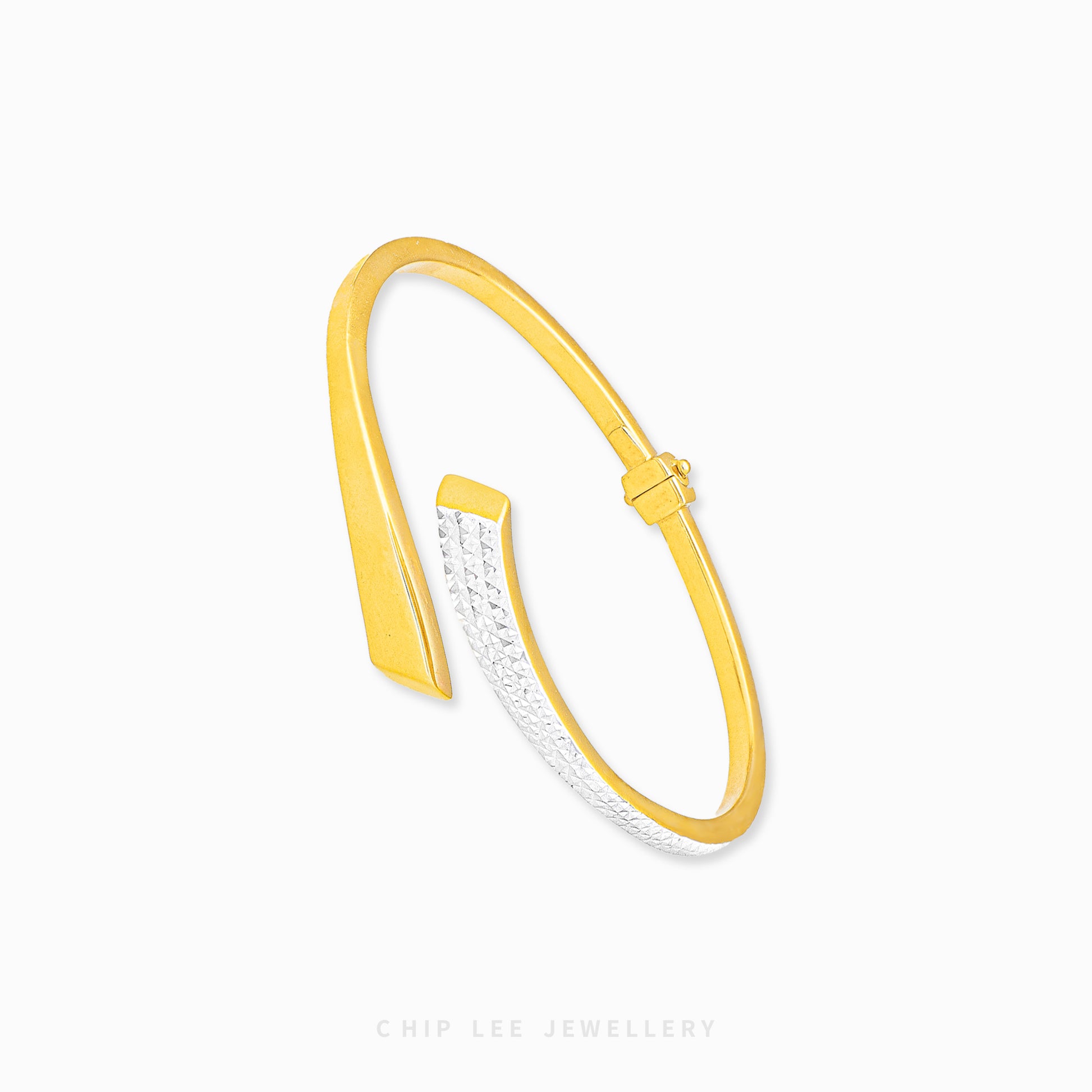 Duo Tone Cuff Bangle by Chip Lee Jewellery Singapore, sculpted 916 gold with matte and high-polish finishes, bold and elegant accessory