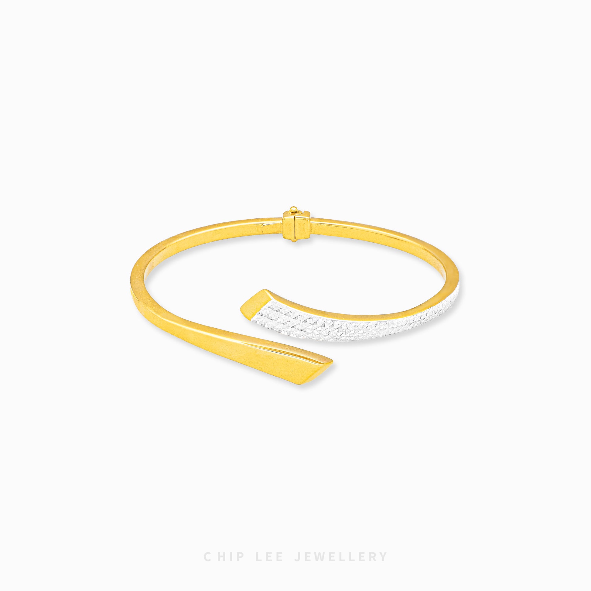Duo Tone Cuff Bangle by Chip Lee Jewellery Singapore, sculpted 916 gold with matte and high-polish finishes, bold and elegant accessory