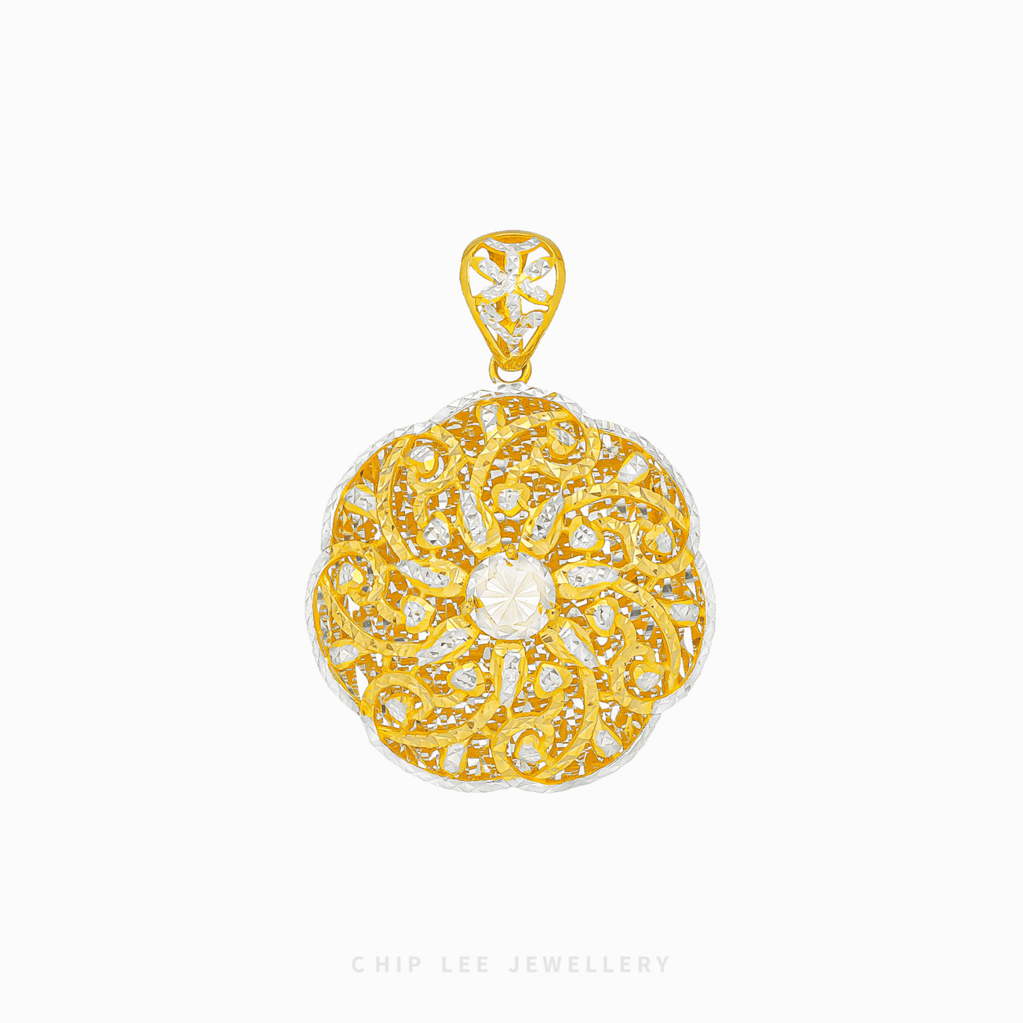 Duo Tone Flora Bloom Pendant in certified 916 Gold (22K) from Chip Lee Jewellery Singapore. Exquisite two-tone floral design, a beautiful gold bloom.