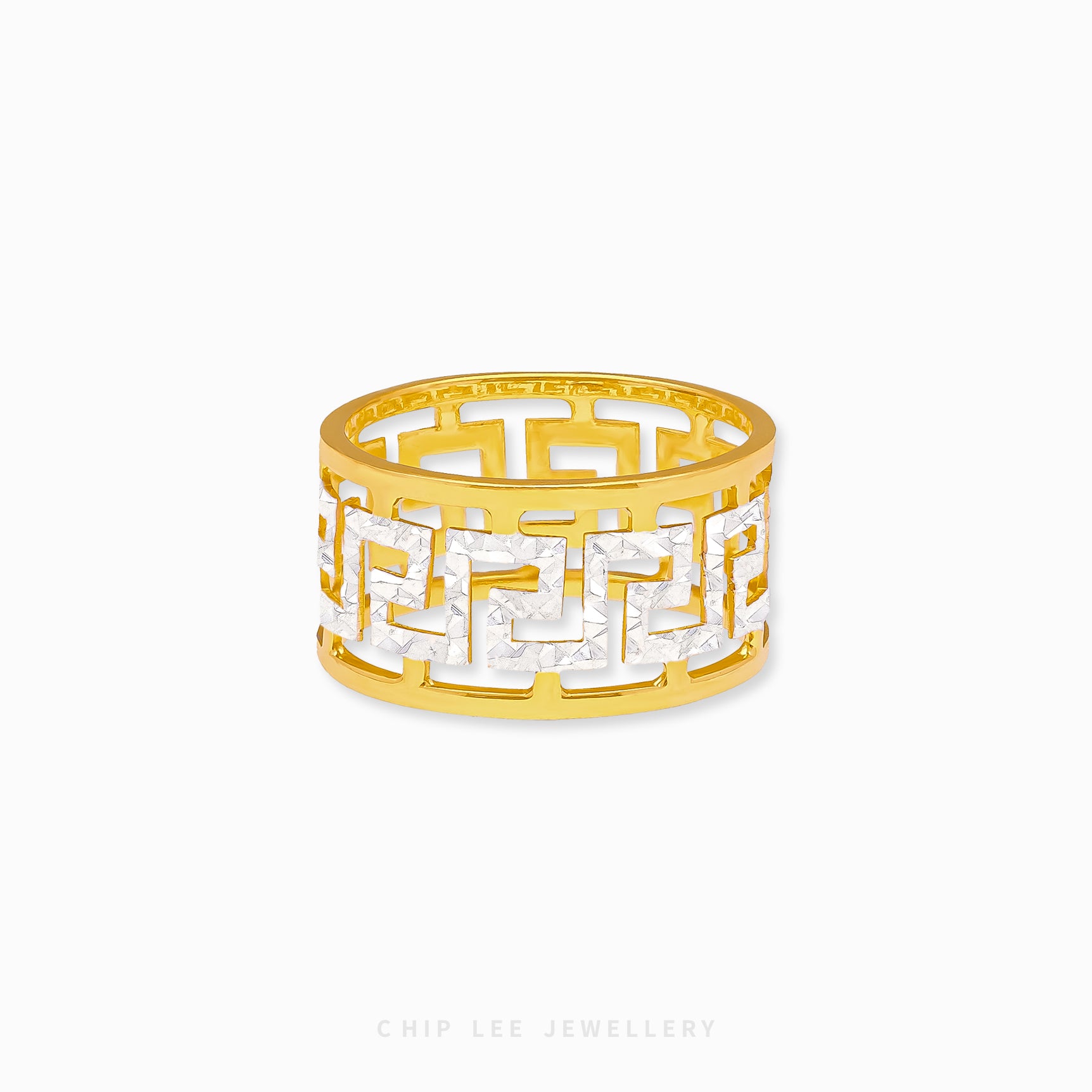 Duo Tone Greek Key Ring with meander pattern in 916 gold, symbolizing eternity and unity, crafted by Chip Lee Jewellery Singapore