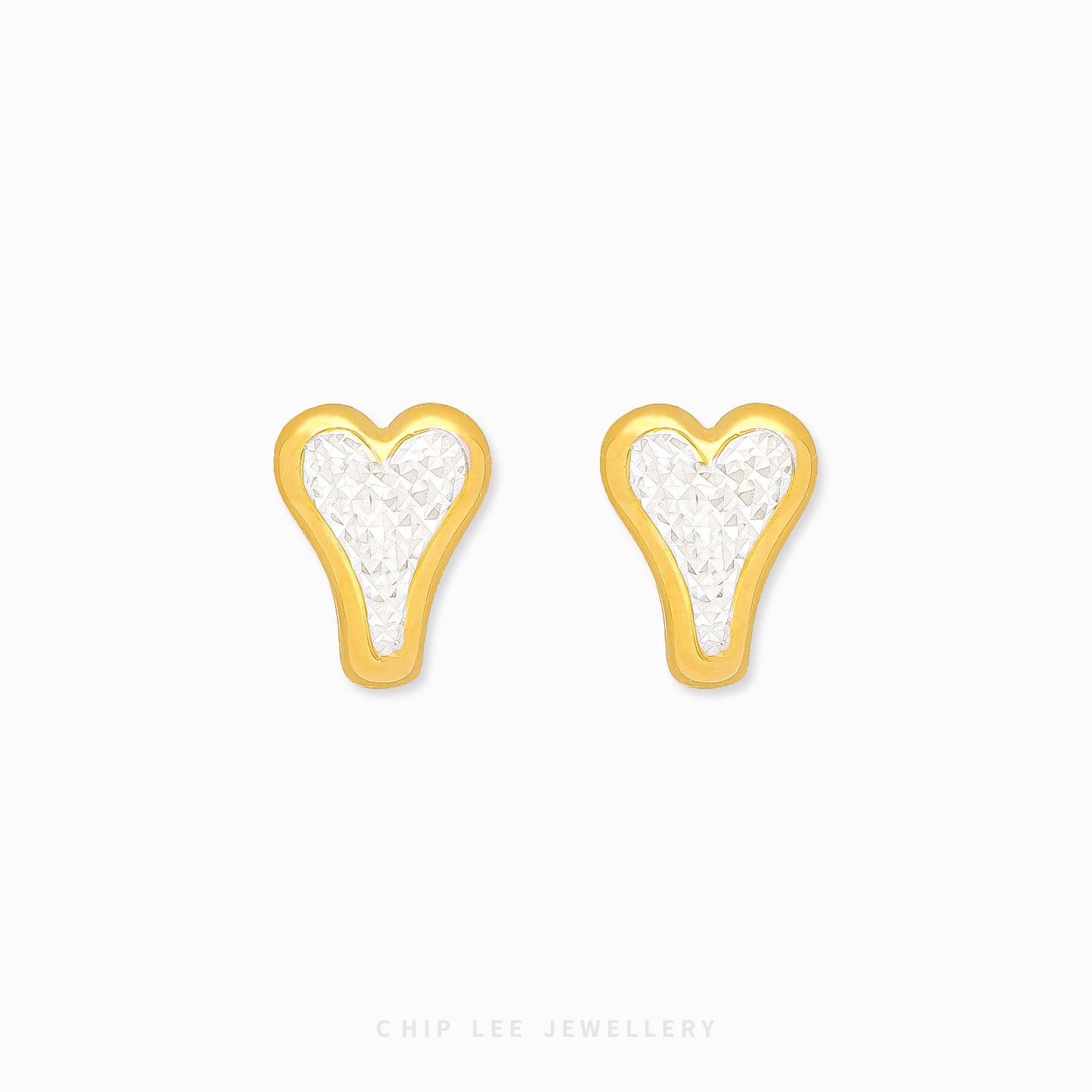 Chip Lee Jewellery Singapore Duo Tone Heart Studs. 916/22K dual-color gold earrings, elegant heart design. Certified Singapore jewelry gift.