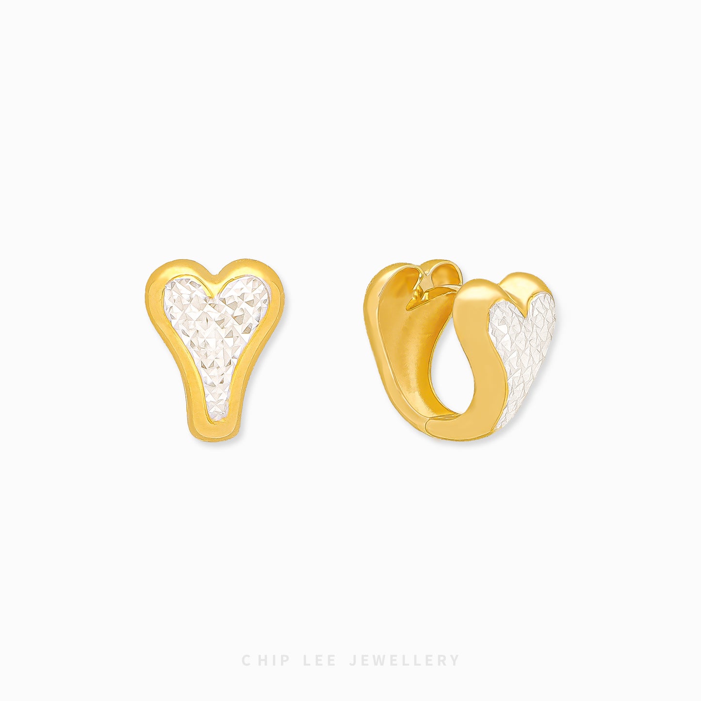 Chip Lee Jewellery Singapore Duo Tone Heart Studs. 916/22K dual-color gold earrings, elegant heart design. Certified Singapore jewelry gift.