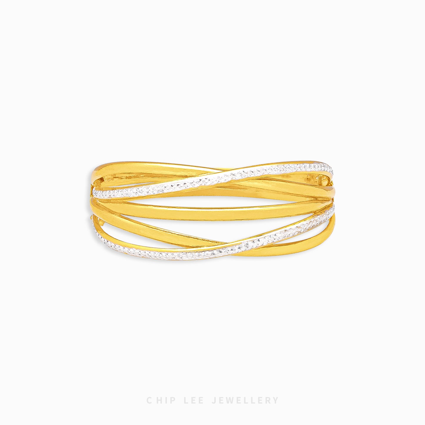 Duo Tone Helix Bangle by Chip Lee Jewellery Singapore, sculpted 916 gold with matte and high-polish finishes, bold and elegant accessory