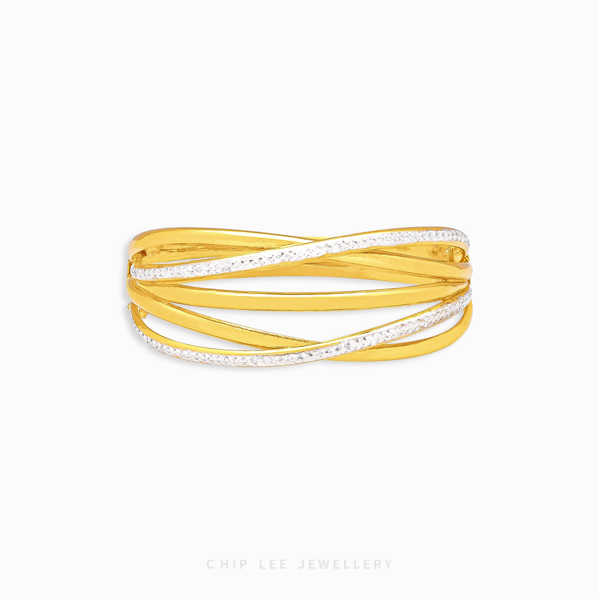 Duo Tone Helix Bangle by Chip Lee Jewellery Singapore, sculpted 916 gold with matte and high-polish finishes, bold and elegant accessory
