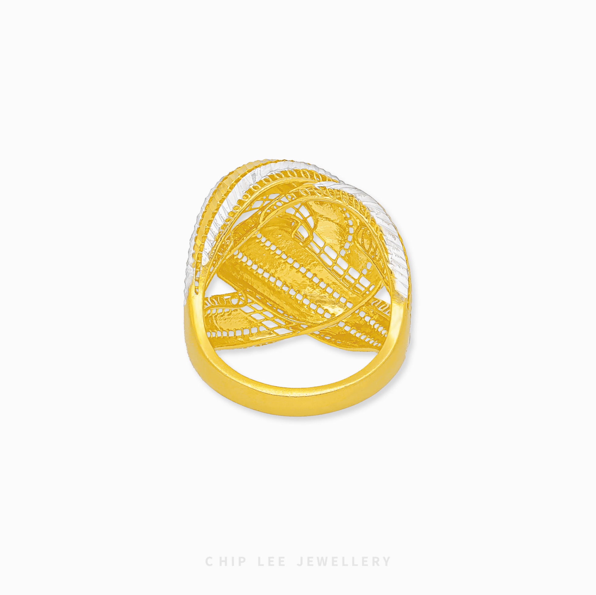 Modern Duo Tone Infinity Loop Ring in 916 gold, showcasing two intertwined intricated loops.