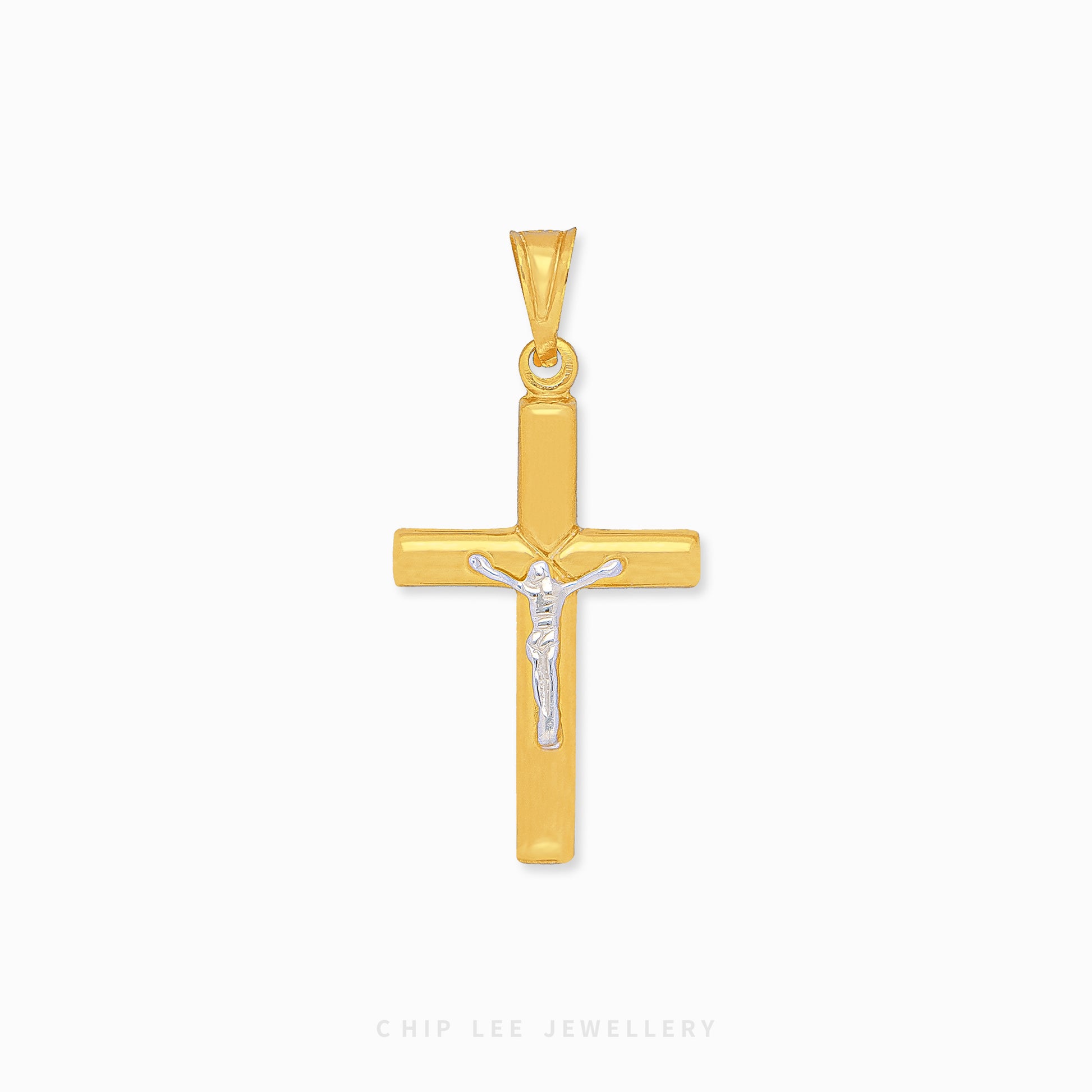 916 gold duo-tone cross pendant with a detailed depiction of Jesus in the center. Hallmarked in Singapore for certified purity and authenticity.