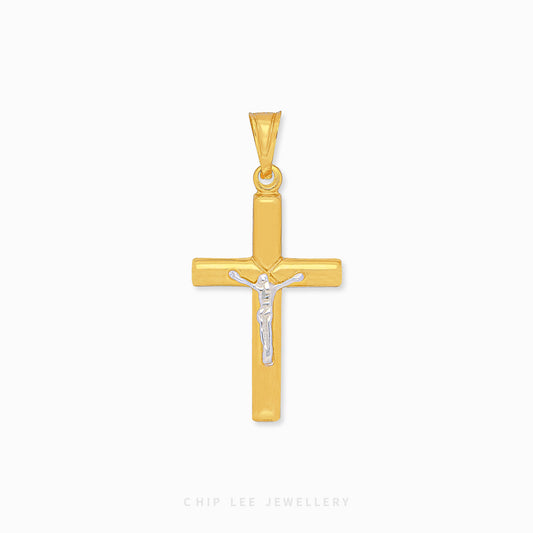916 gold duo-tone cross pendant with a detailed depiction of Jesus in the center. Hallmarked in Singapore for certified purity and authenticity.
