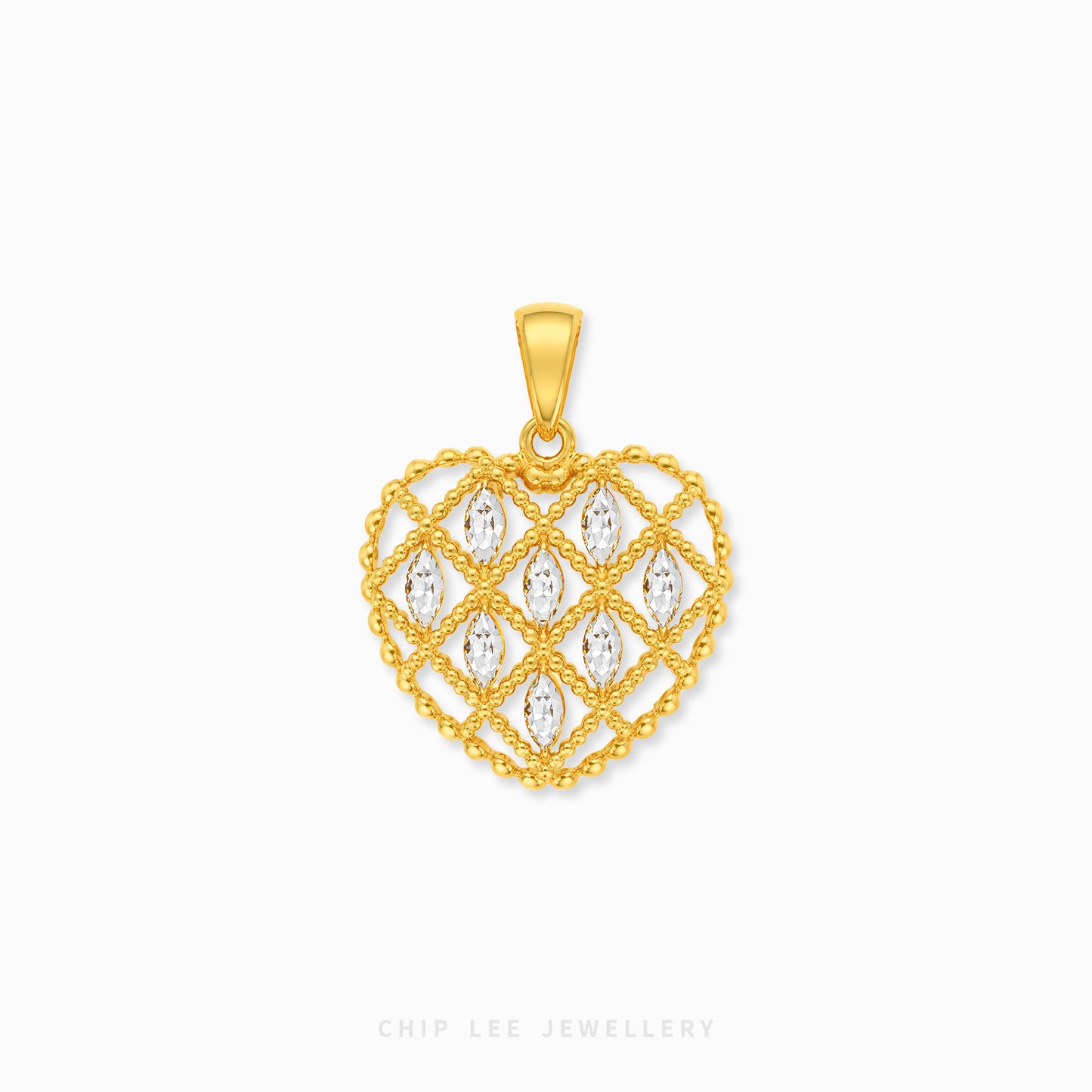 A gold heart-shaped pendant with a beaded border and a central diamond lattice pattern set with clear marquise-cut stones, shown on a light gray background with the brand name 'CHIP LEE JEWELLERY' at the bottom.