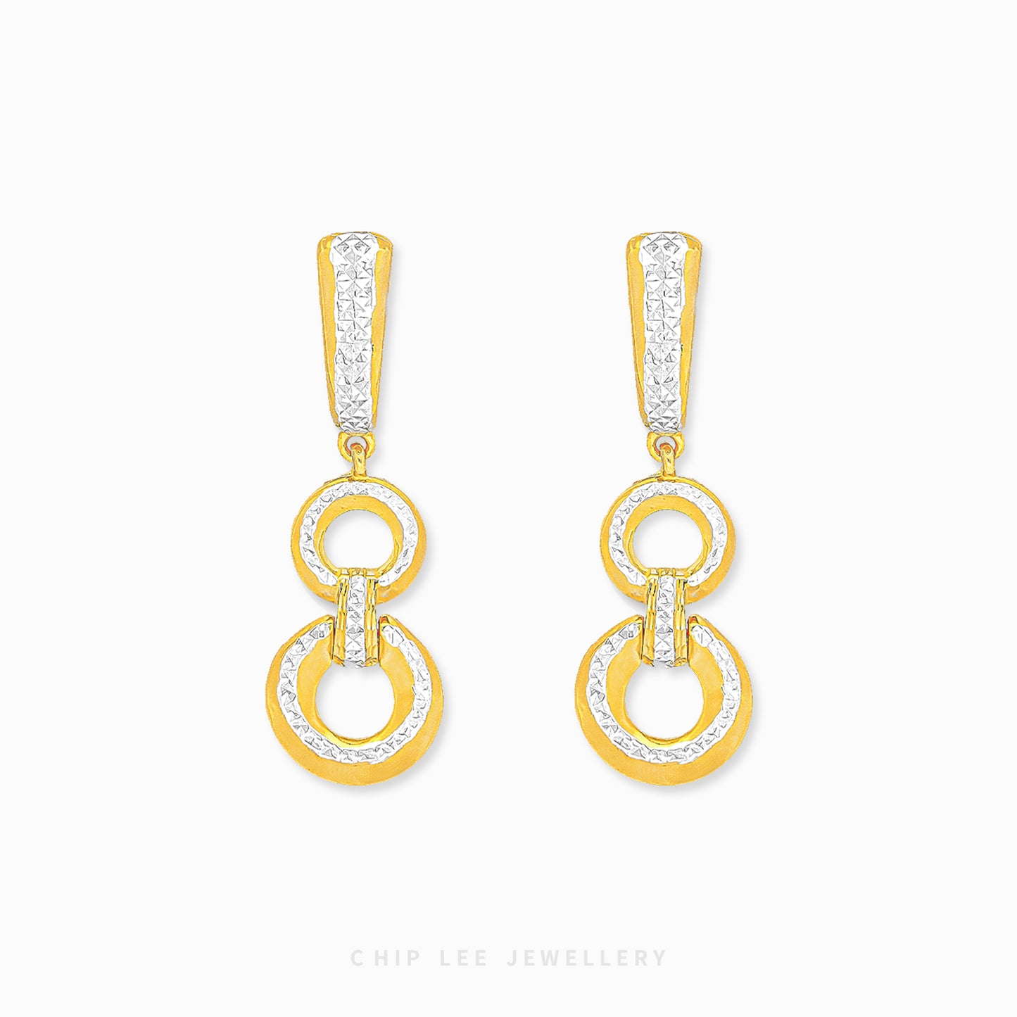 Duo Tone Oracle Earring with interlocking matte and high-polish gold links in 916 gold by Chip Lee Jewellery Singapore