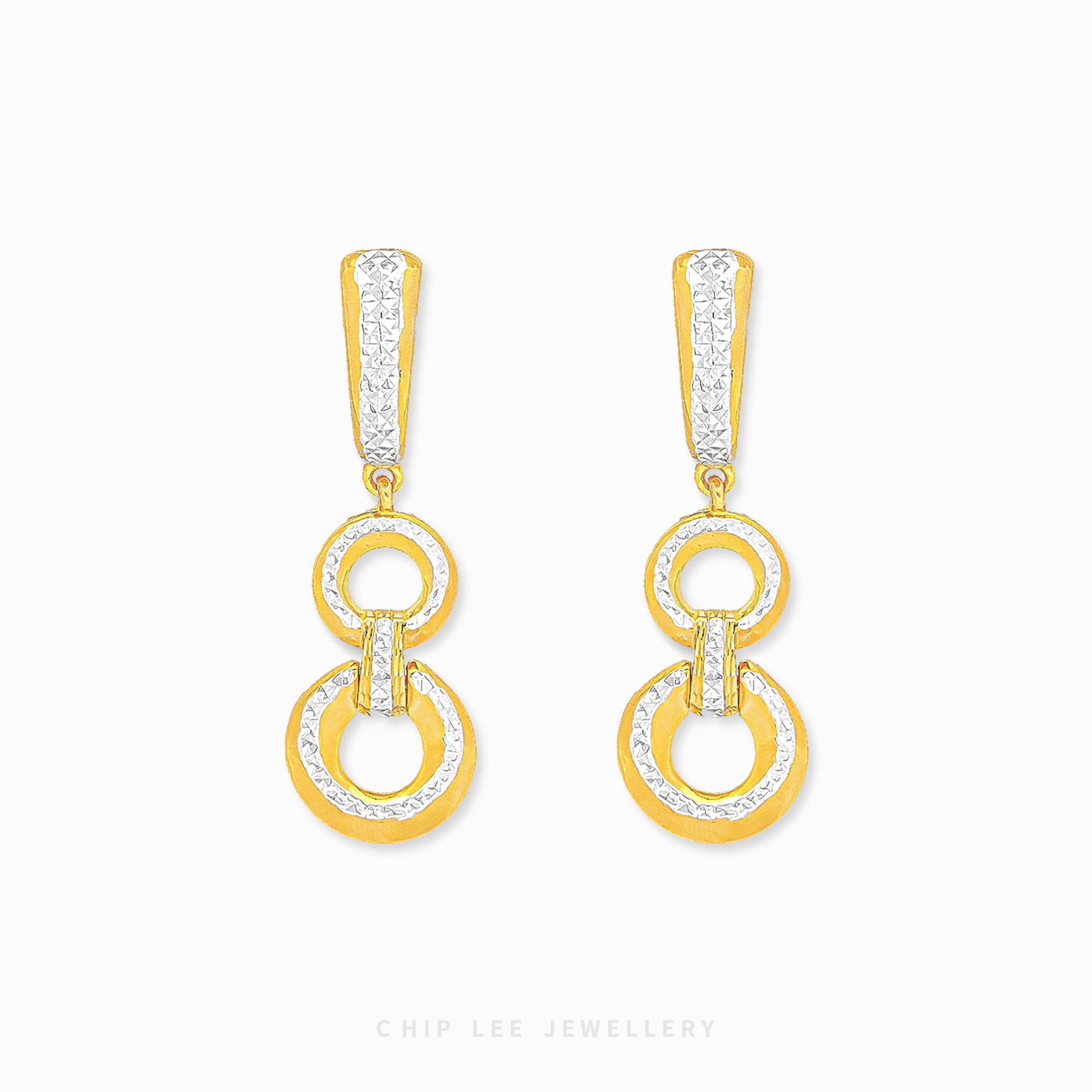 Duo Tone Oracle Earring with interlocking matte and high-polish gold links in 916 gold by Chip Lee Jewellery Singapore