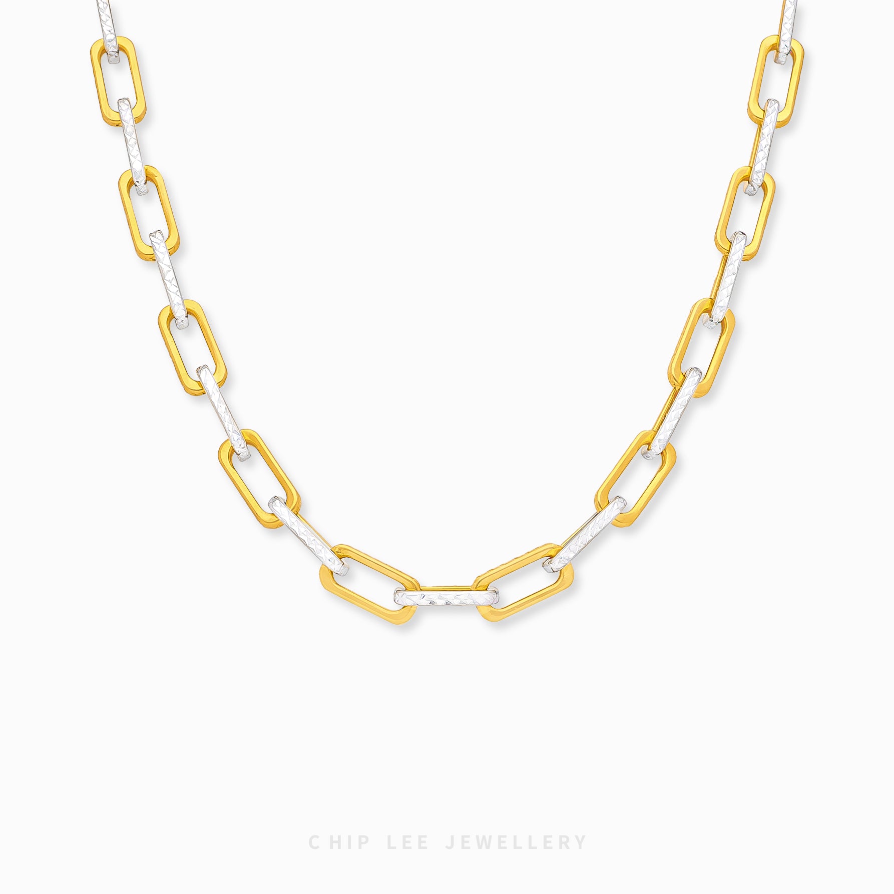 Duo Tone Rectangular Link Chain Necklace with alternating matte and high-polish rectangular links in 916 gold by Chip Lee Jewellery Singapore