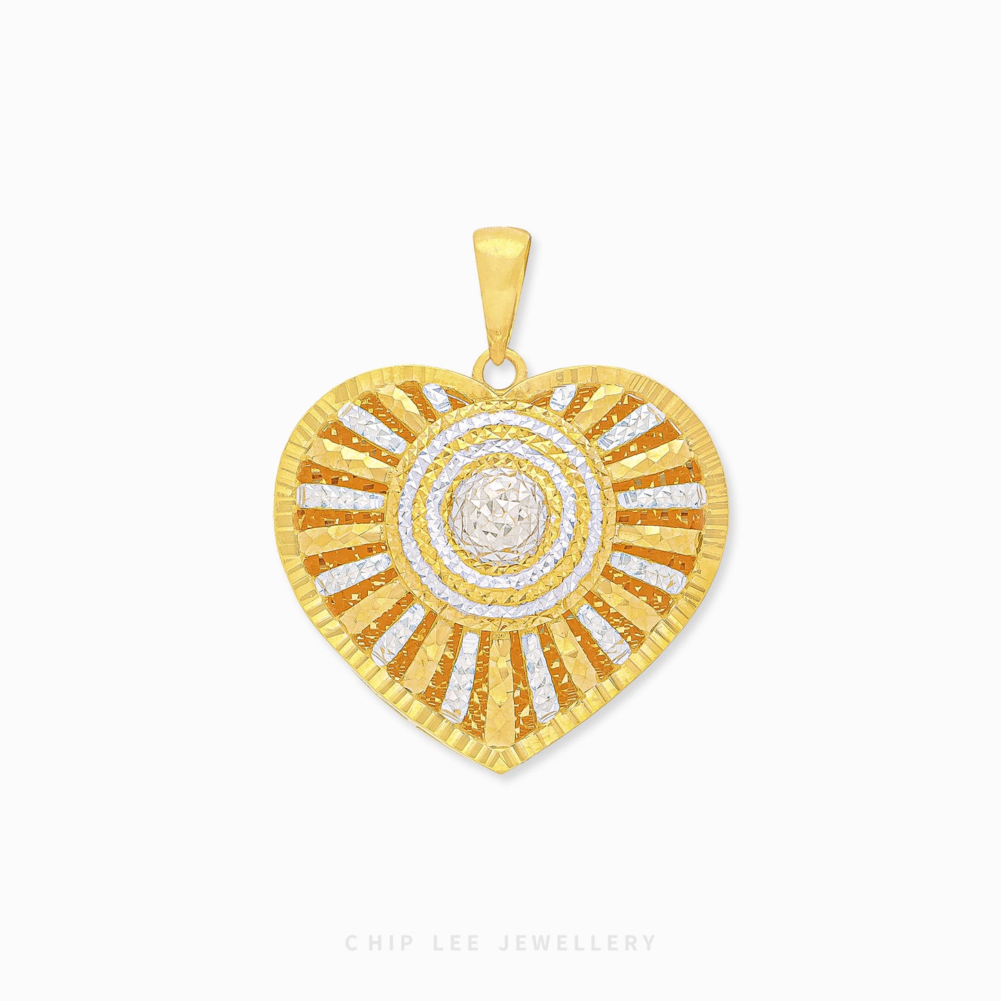Duo Tone Sunburst Heart Pendant in yellow & white 22K gold by Chip Lee Jewellery Singapore – certified 916 gold, dynamic sunburst heart design.