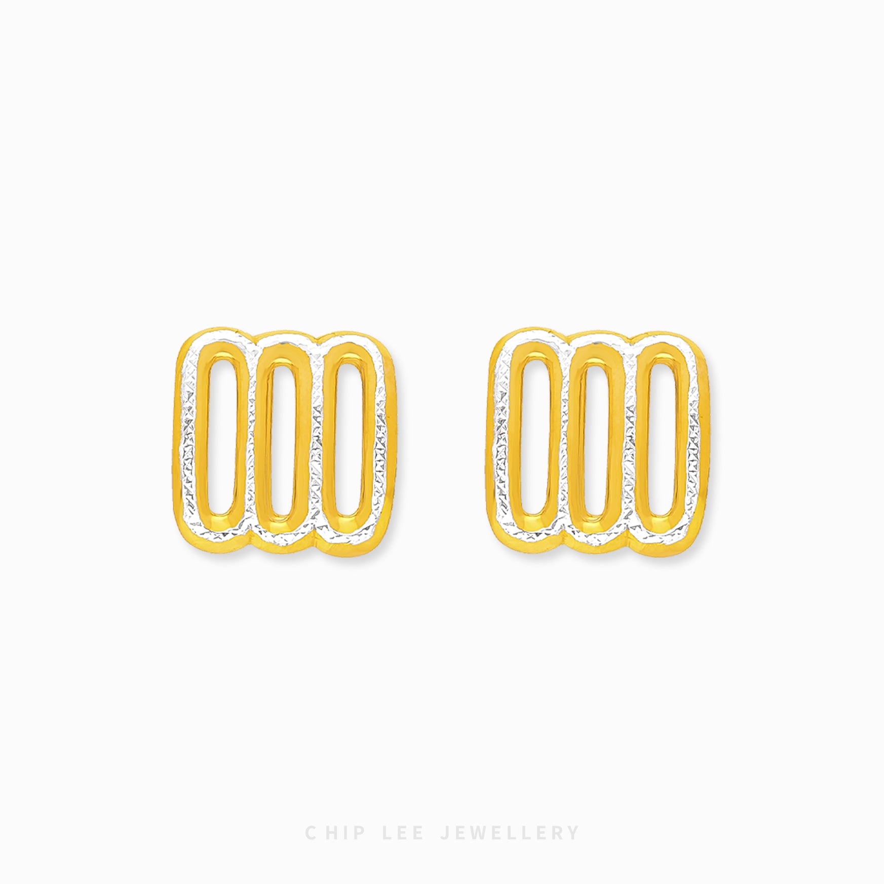 Chip Lee Jewellery Duo Tone Trinity Studs. Heavyweight 916 Gold (22K) trinity knot studs with modern two-tone finish. Certified pure gold SG jewelry.