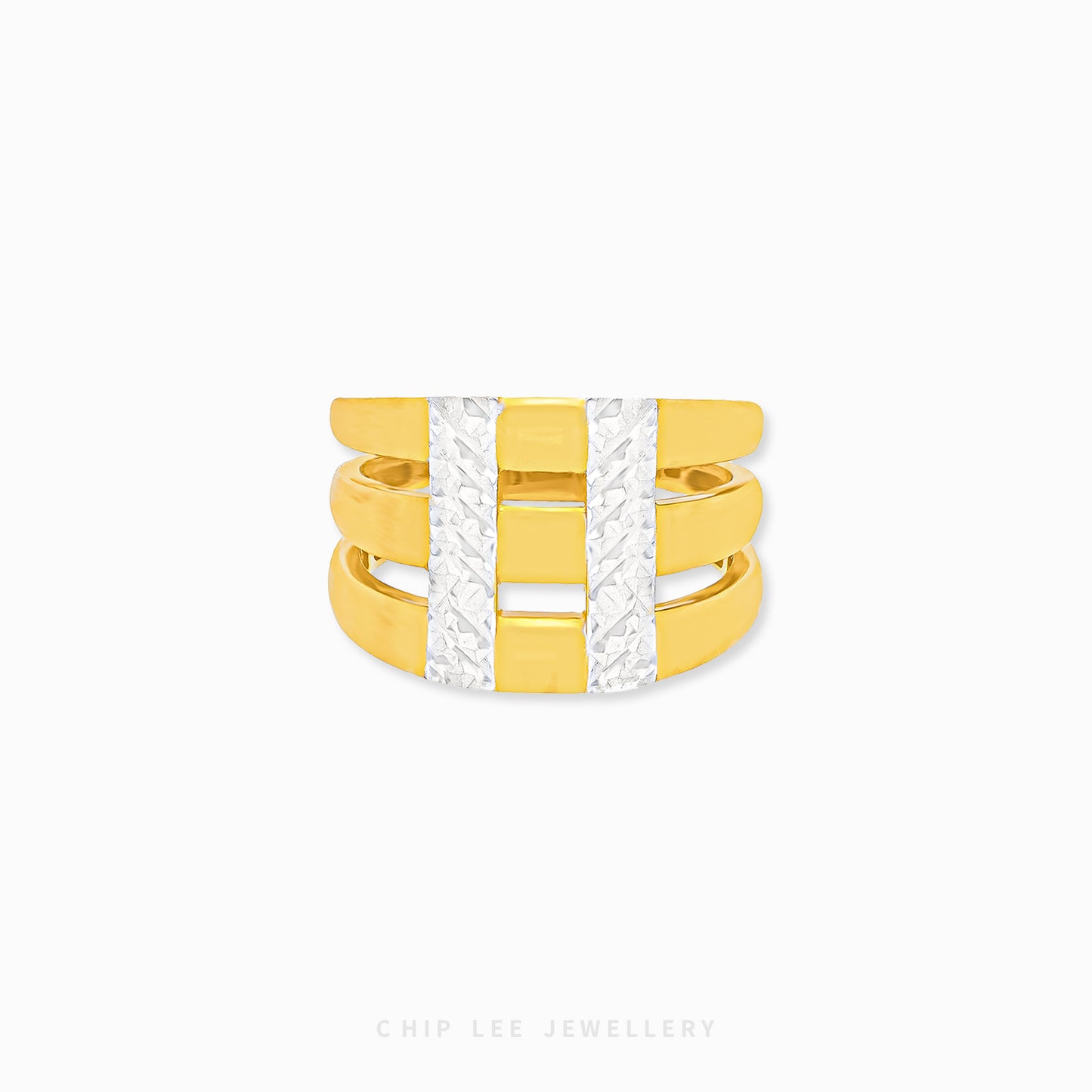 Duo Tone Triple Layer Ring 916 gold by Chip Lee Jewellery Singapore – dual-tone, three-band design for modern elegance.