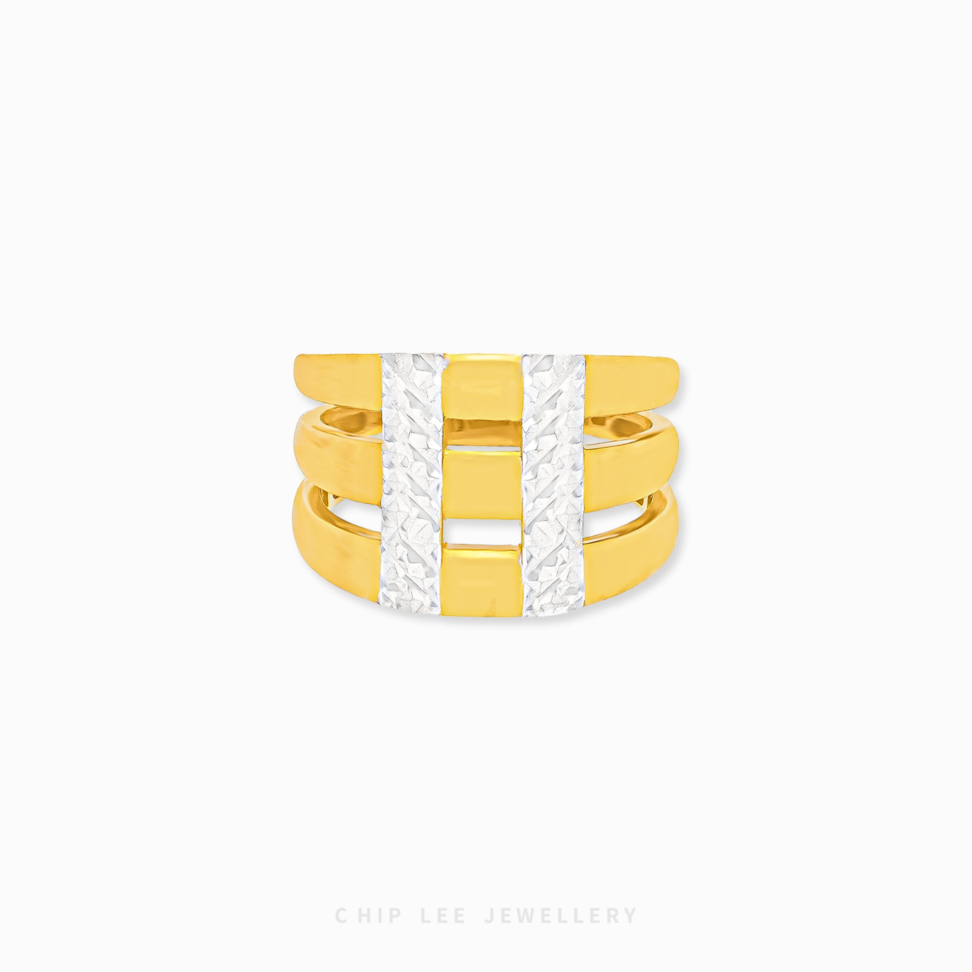 Duo Tone Triple Layer Ring 916 gold by Chip Lee Jewellery Singapore – dual-tone, three-band design for modern elegance.