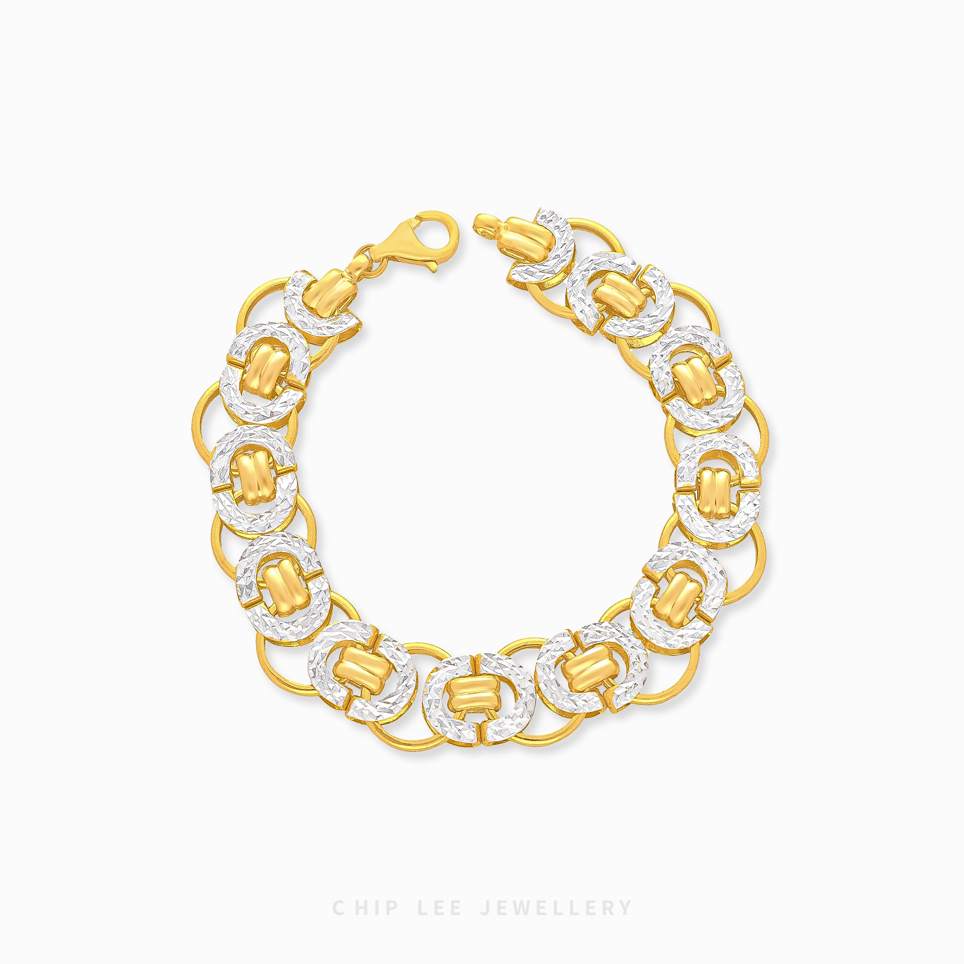 Duo Tone Turkey Link Bracelet in yellow & white 22K/916 gold by Chip Lee Jewellery Singapore – certified gold, bold turkey-link motif.
