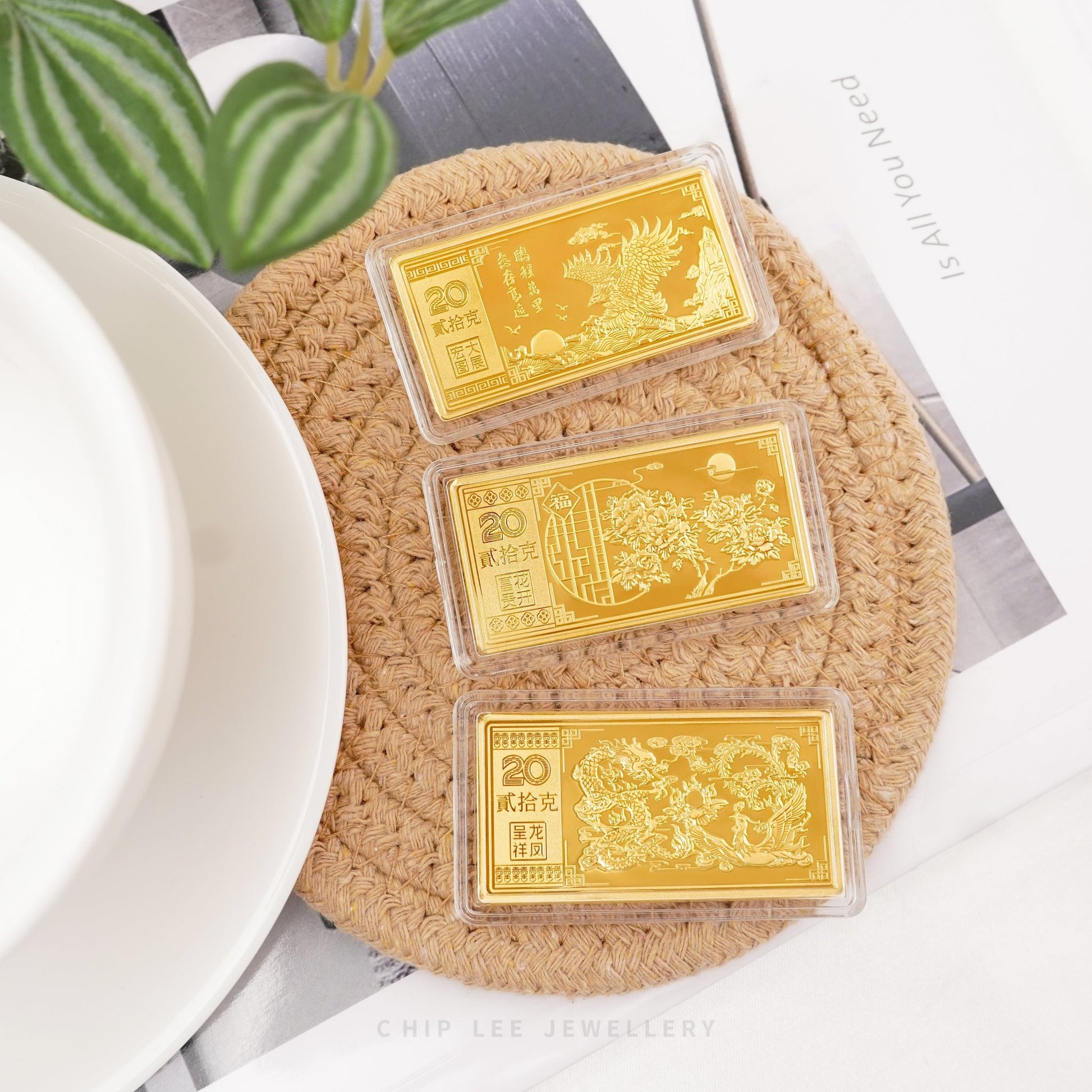 A collection of 999 pure gold bars showcasing various designs, each with distinct symbolic meanings.Hallmarked in Singapore for certified purity and authenticity.