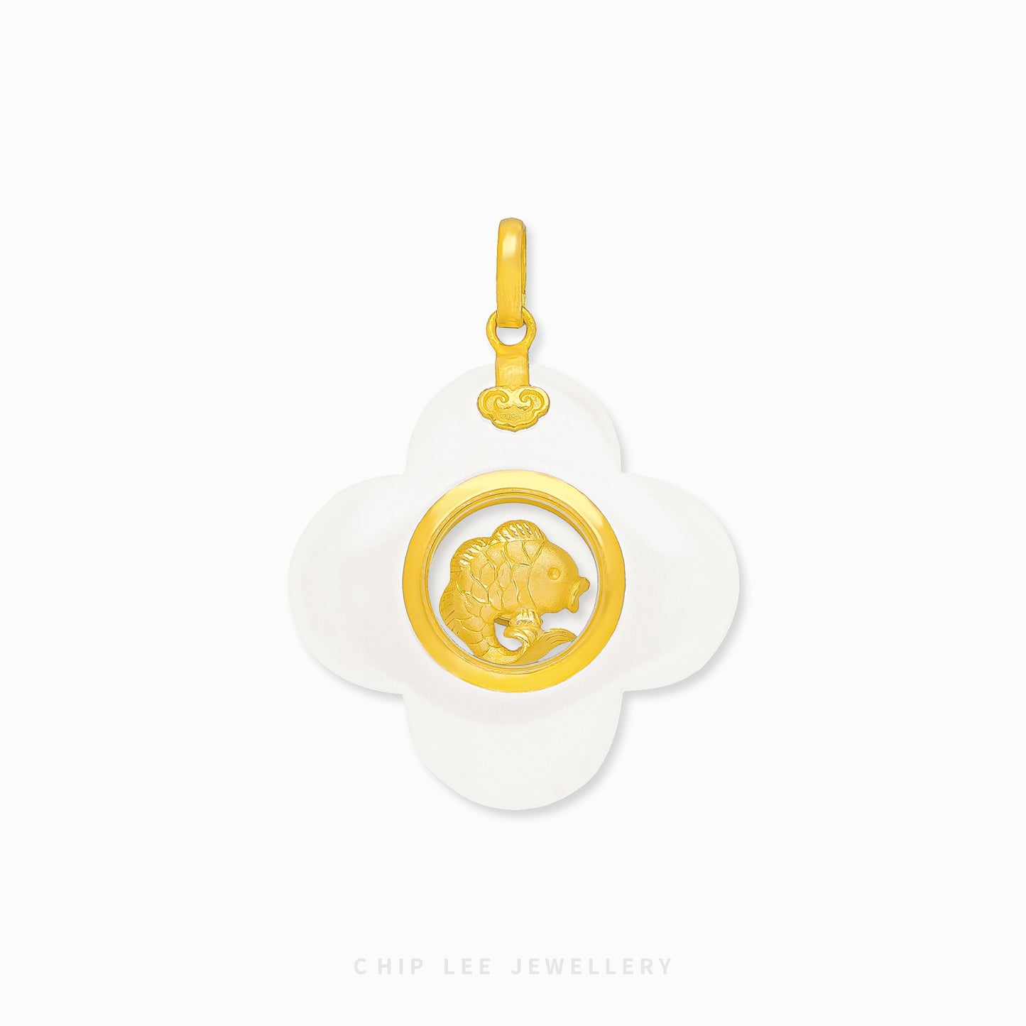 999 Gold Pendant with spinning fortune fish, clover, and He Tian jade. A certified symbol of luck and prosperity by Chip Lee Jewellery.