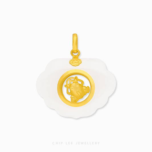 999 Gold Cloud Spinning Money Frog Pendant with He Tian jade, symbolising wealth and luck. SAO certified for purity and traditional value.