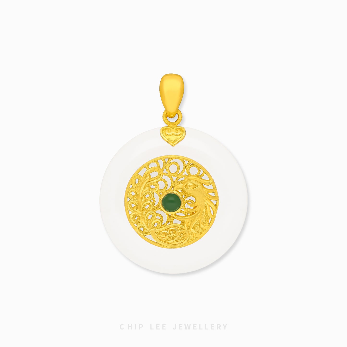 999 Pure Gold Phoenix Pendant with He Tian jade, symbolising rebirth and grace. Certified by the Singapore Assay Office for quality and authenticity.