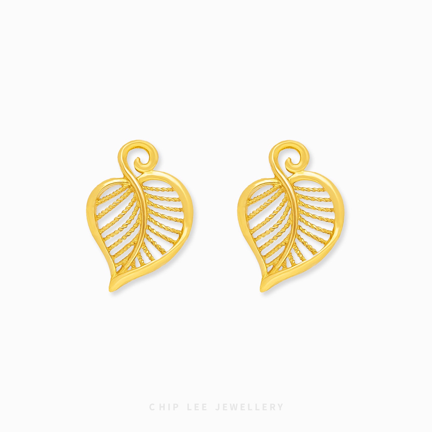 Chip Lee Jewellery Flora Studs. Intricate 916 Gold (22K) leaf and petal flower stud earrings. Certified pure gold nature-inspired jewelry SG.