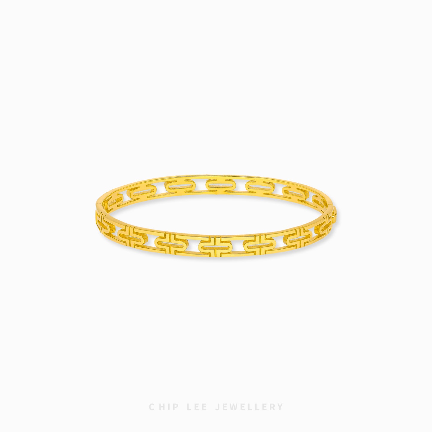 Greek Design Bangle by Chip Lee Jewellery Singapore, certified 916/22K gold Greek key motif, faceted edges, architectural statement accessory