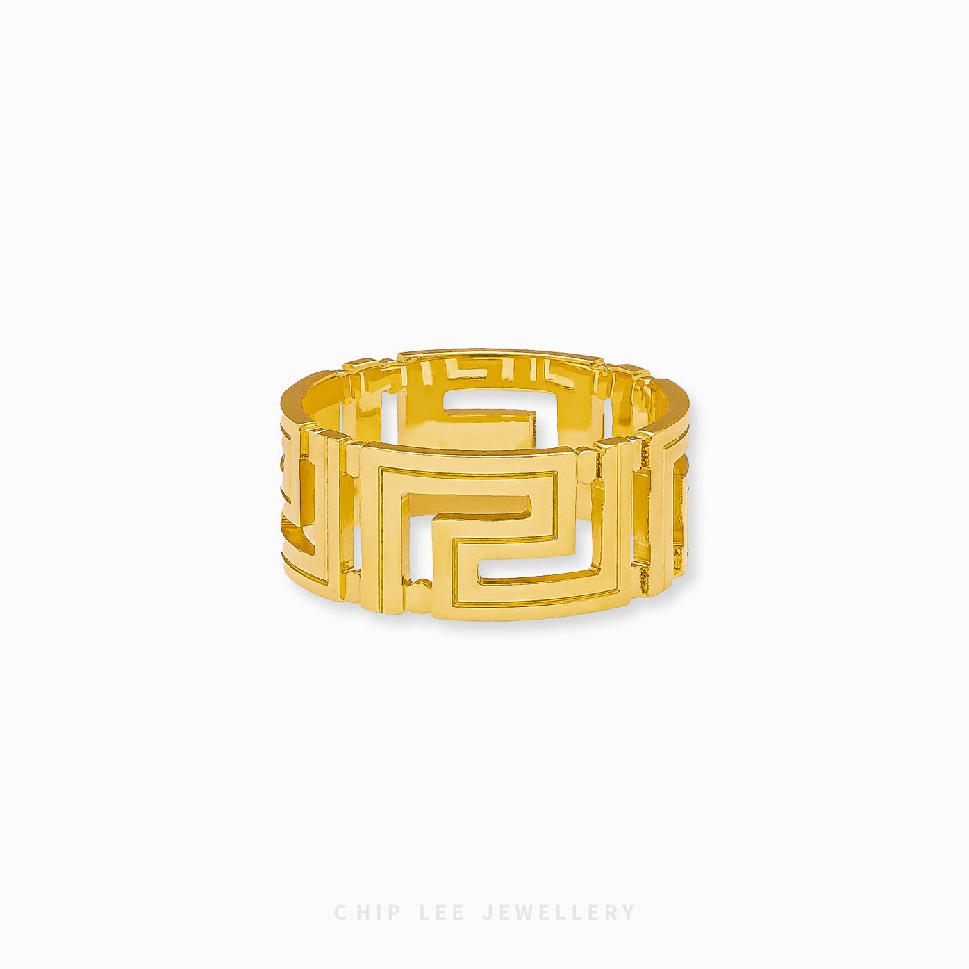 The Greek Key Ring by Chip Lee Jewellery features an intricate meander pattern, symbolizing eternity and unity, crafted in solid 916 gold. This timeless design offers a blend of classic elegance and cultural significance, perfect for any occasion.