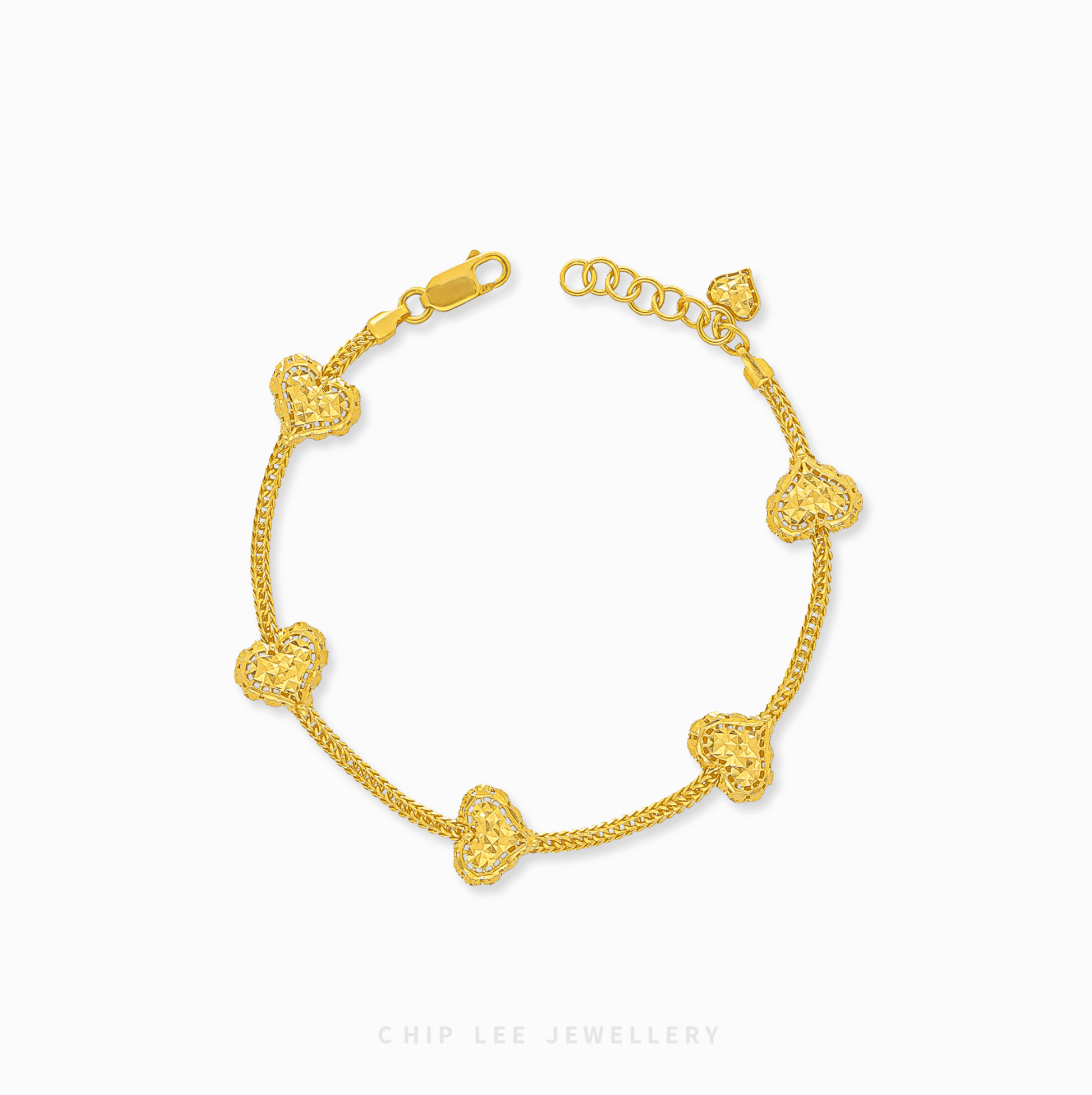 Heart Charm Bracelet in 916 gold. Subtle, symbolic heart design perfect for stacking or a timeless statement.