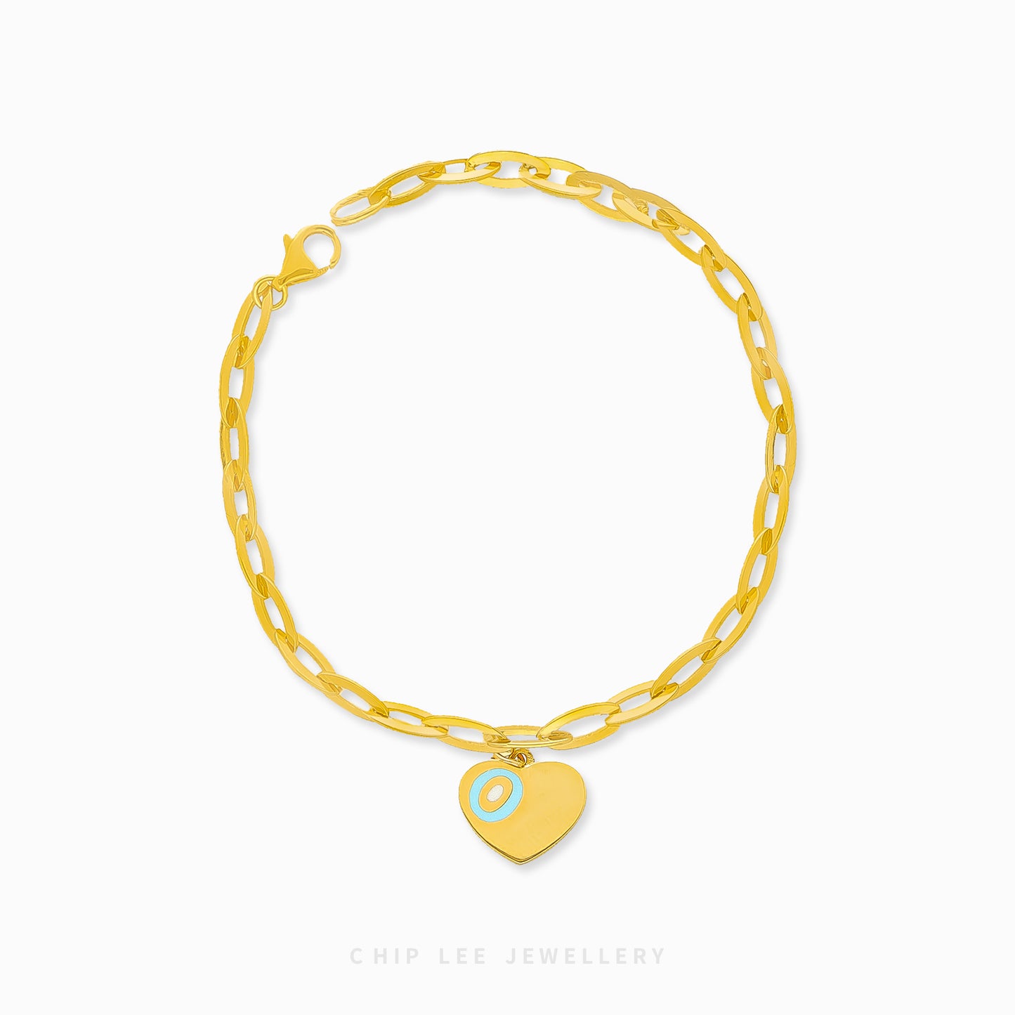 Dainty heart charm bracelet adorned with turquoise enamel detail, certified and hallmarked by Singapore Assay Office for purity and authenticity.