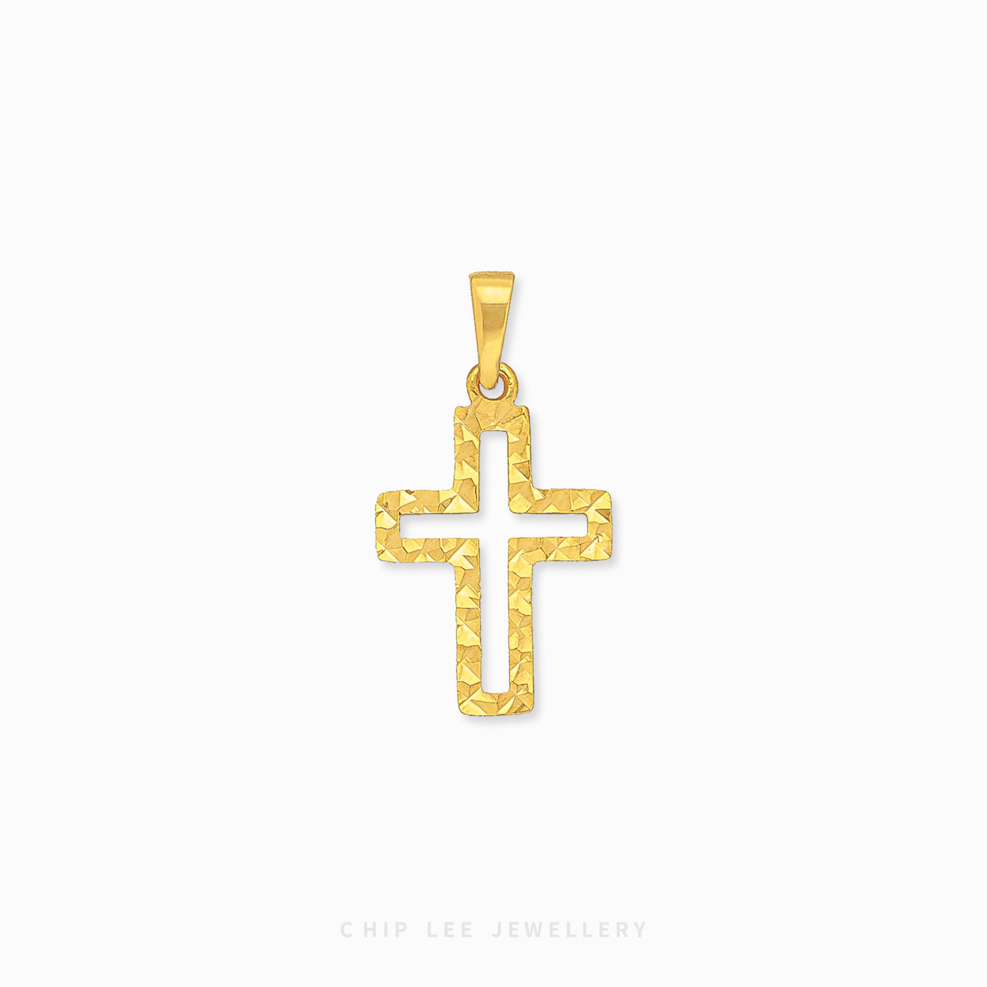 916 gold cross pendant with intricate details and a polish finish. Hallmarked in Singapore for certified purity and authenticity.