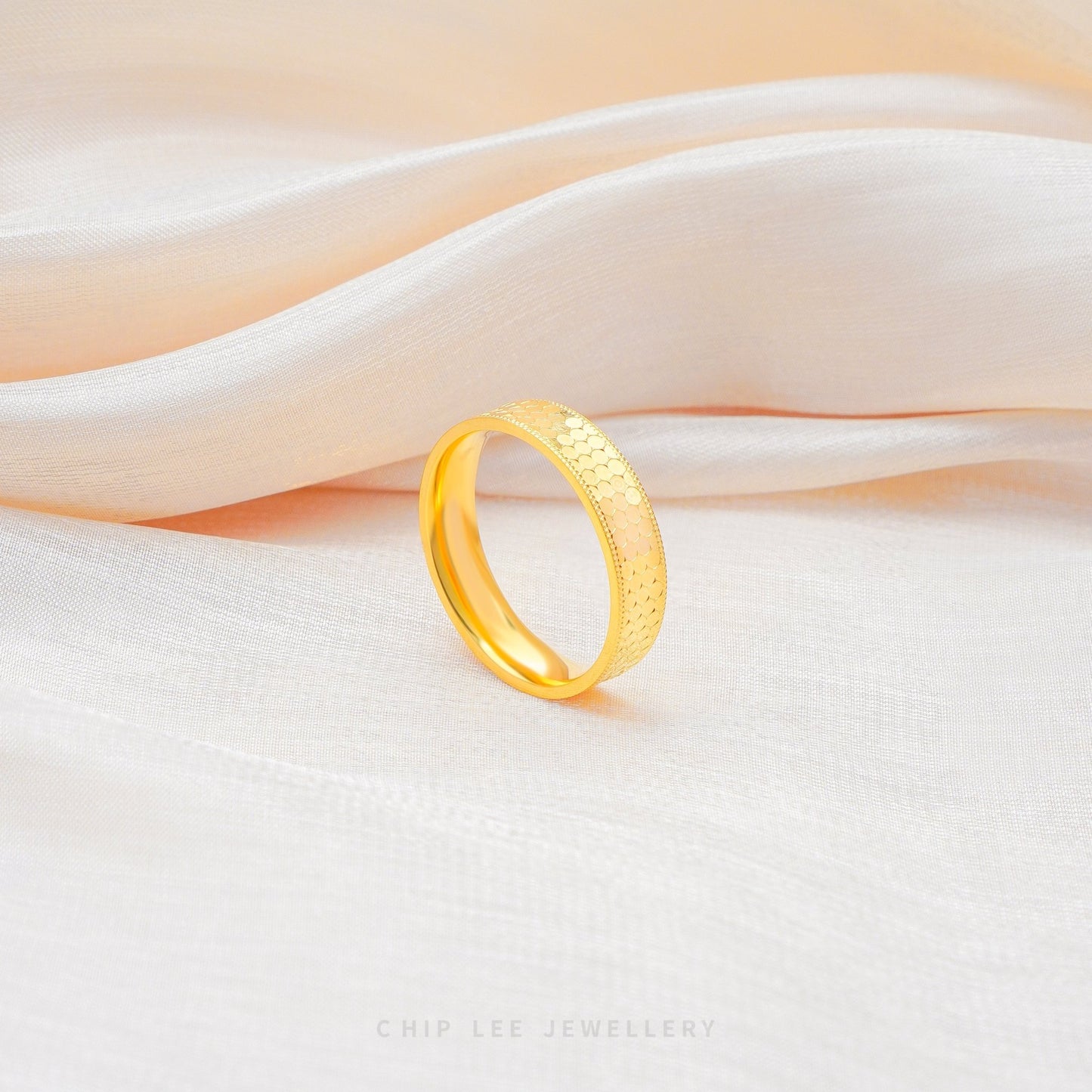 Honeycomb Ring with hexagonal pattern band in 916 gold (22K), solid textured design by Chip Lee Jewellery Singapore