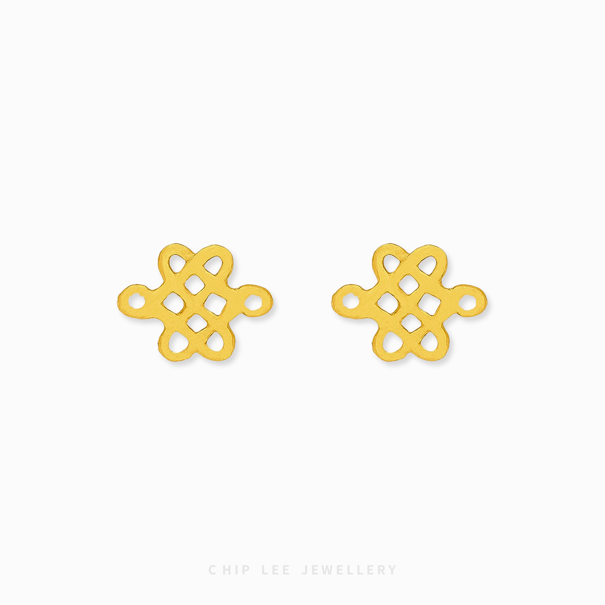 22K gold Infinity Knot Longevity Studs (盤長結) from Chip Lee Jewellery symbolising longevity, prosperity and continuous good fortune.