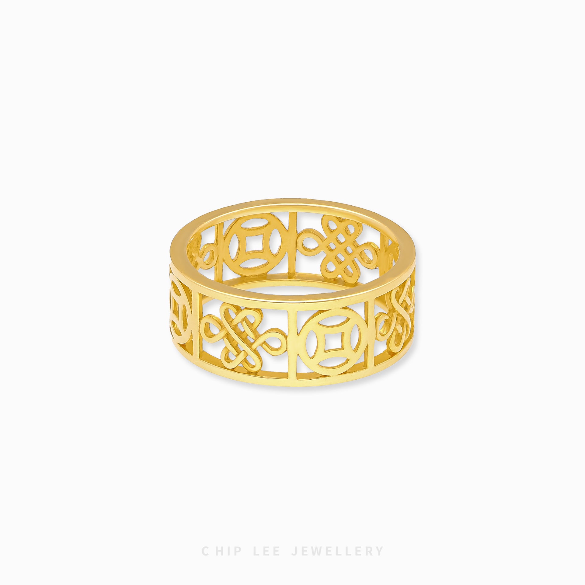 999 Pure Gold Infinity Knot and Fortune Coin Ring symbolising eternal luck and prosperity, featuring a traditional Chinese design with modern elegance