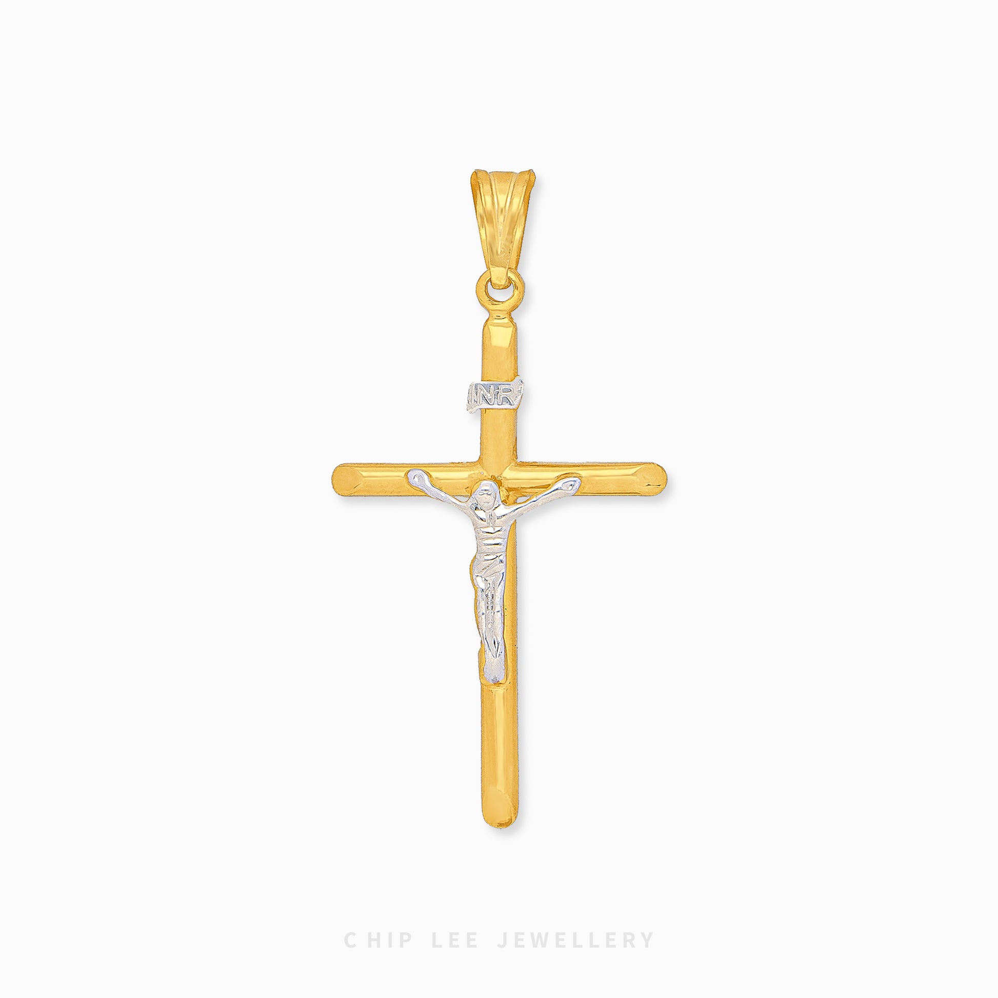 916 gold duo-tone cross pendant with a detailed depiction of Jesus in the center. Hallmarked in Singapore for certified purity and authenticity.