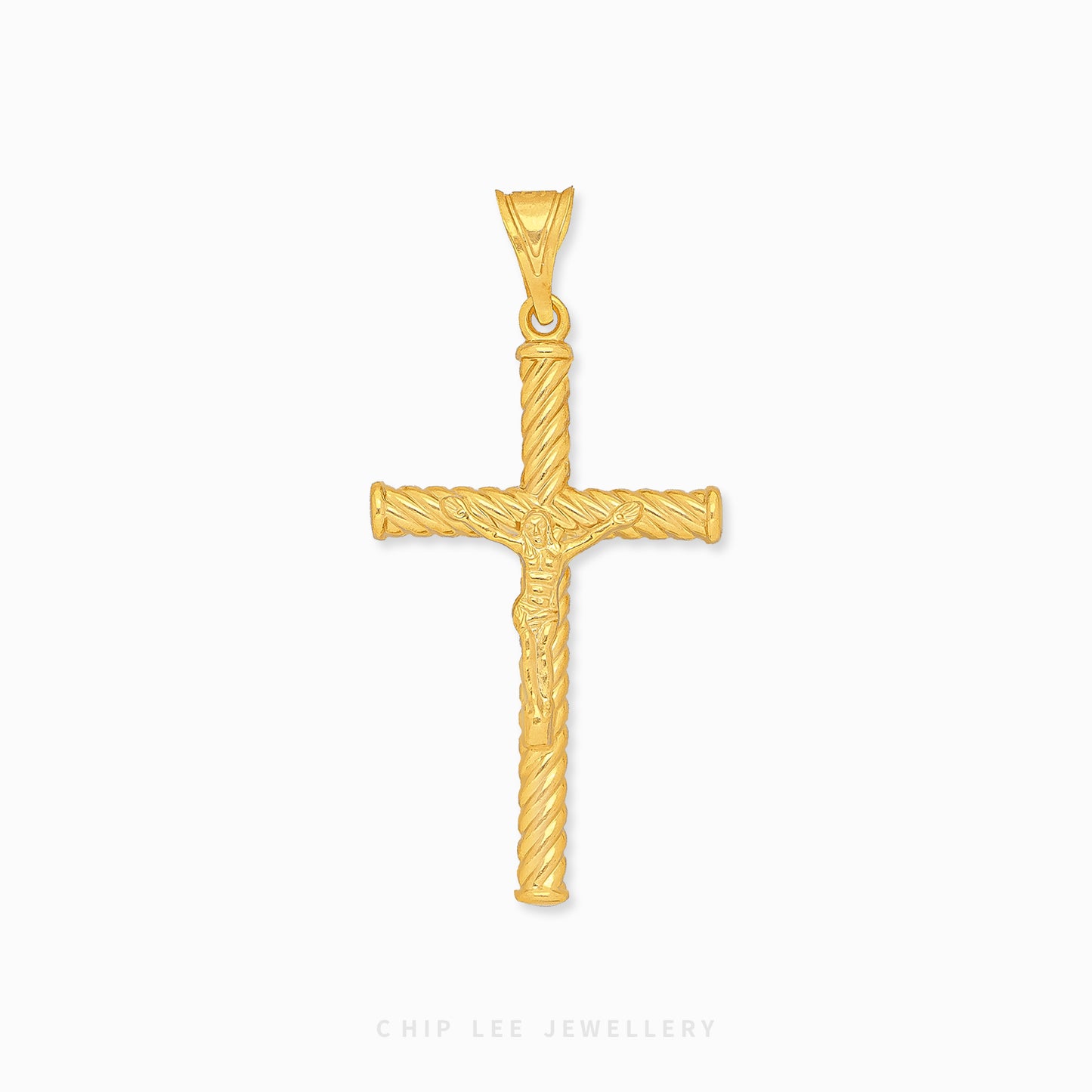 916 gold cross pendant with a detailed depiction of Jesus in the center. Hallmarked in Singapore for certified purity and authenticity.