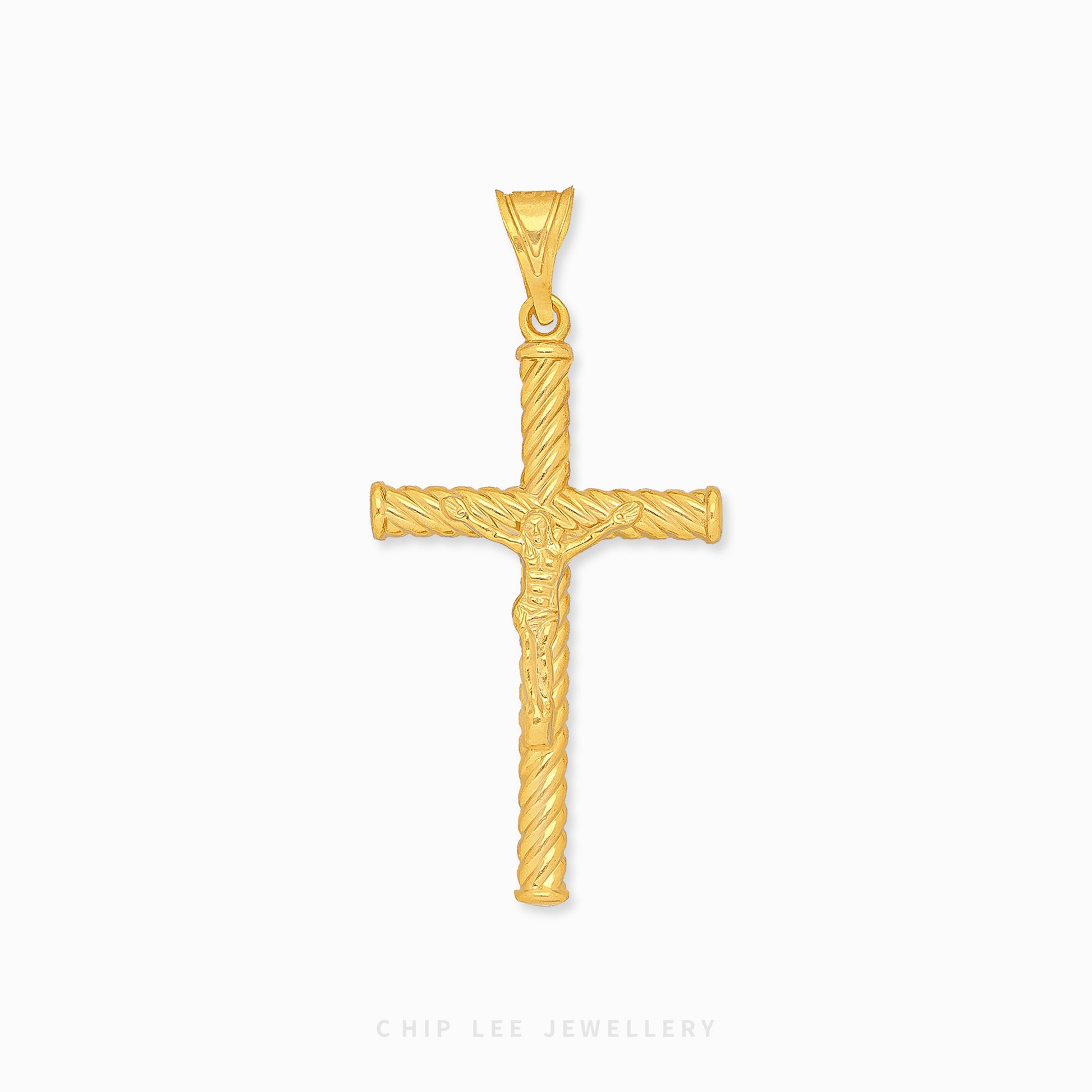 916 gold cross pendant with a detailed depiction of Jesus in the center. Hallmarked in Singapore for certified purity and authenticity.