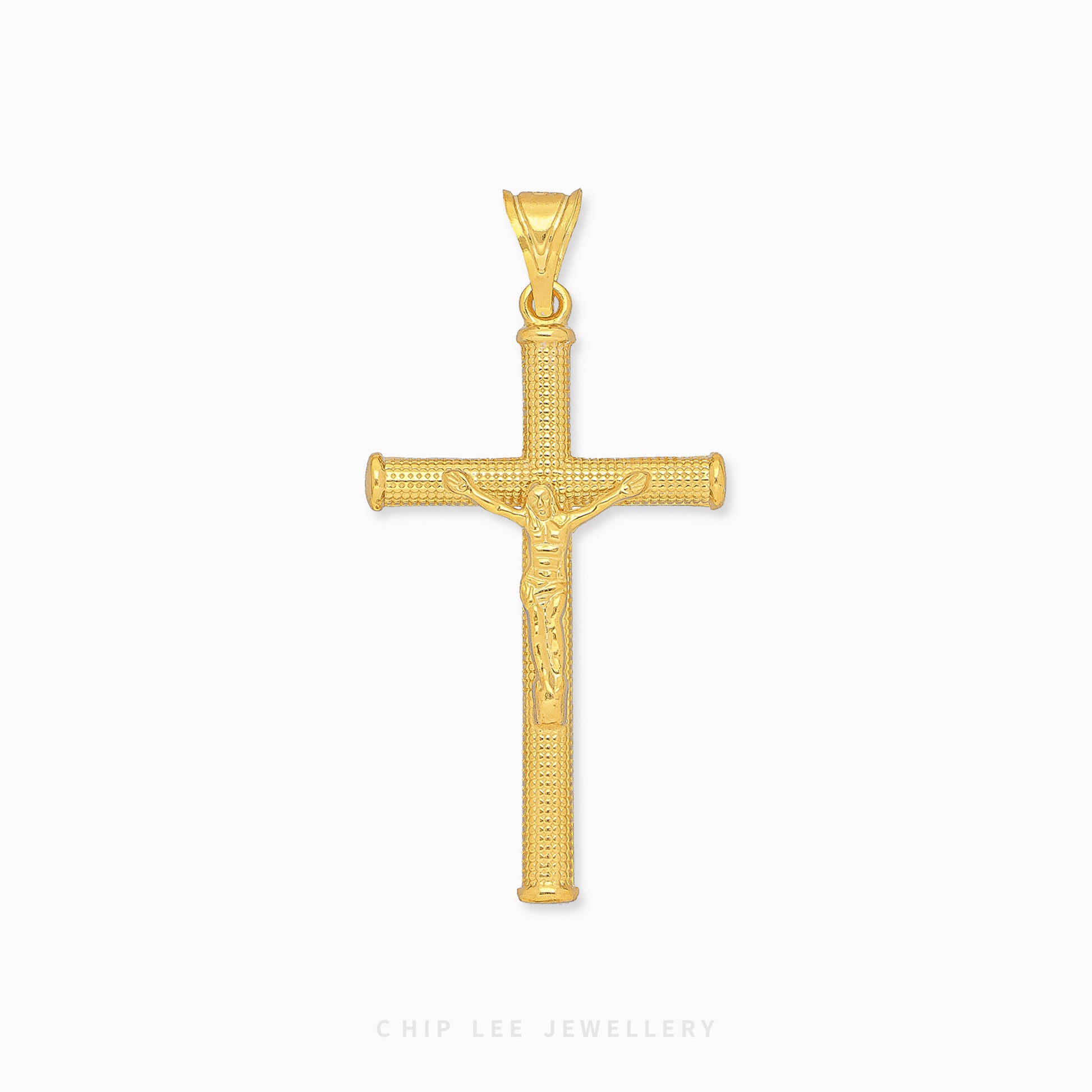 916 gold cross pendant with a detailed depiction of Jesus in the center. Hallmarked in Singapore for certified purity and authenticity.