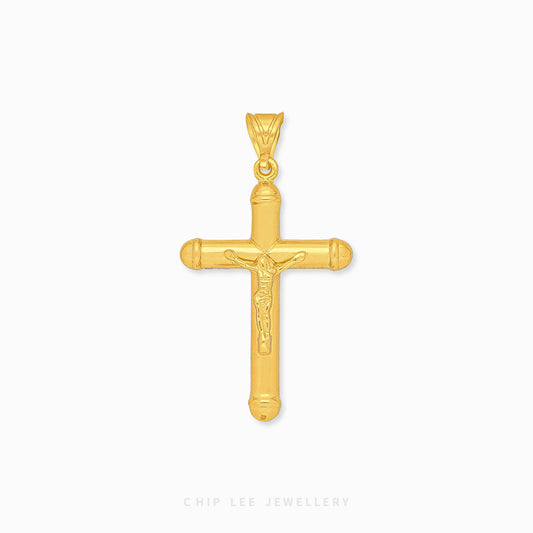 916 gold cross pendant with a detailed depiction of Jesus in the center. Hallmarked in Singapore for certified purity and authenticity.
