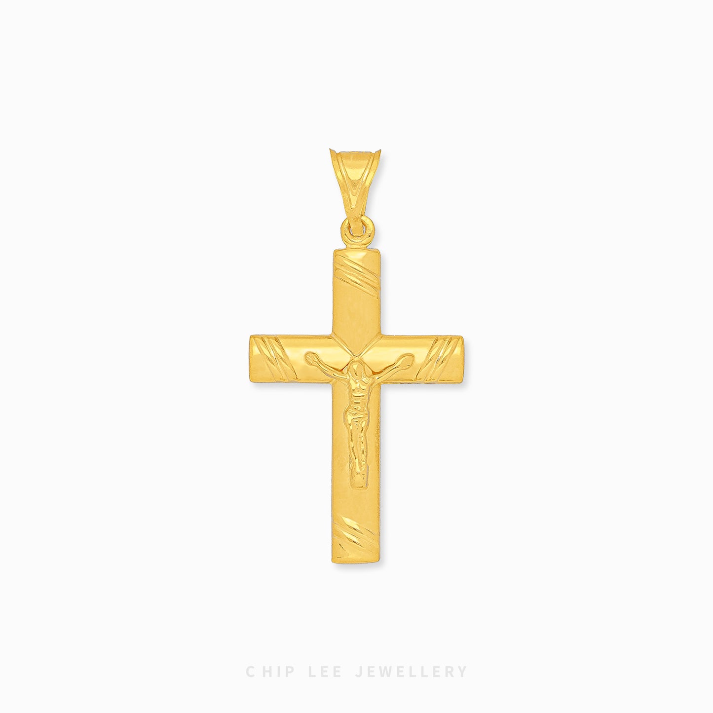 916 gold cross pendant with a detailed depiction of Jesus in the center. Hallmarked in Singapore for certified purity and authenticity.