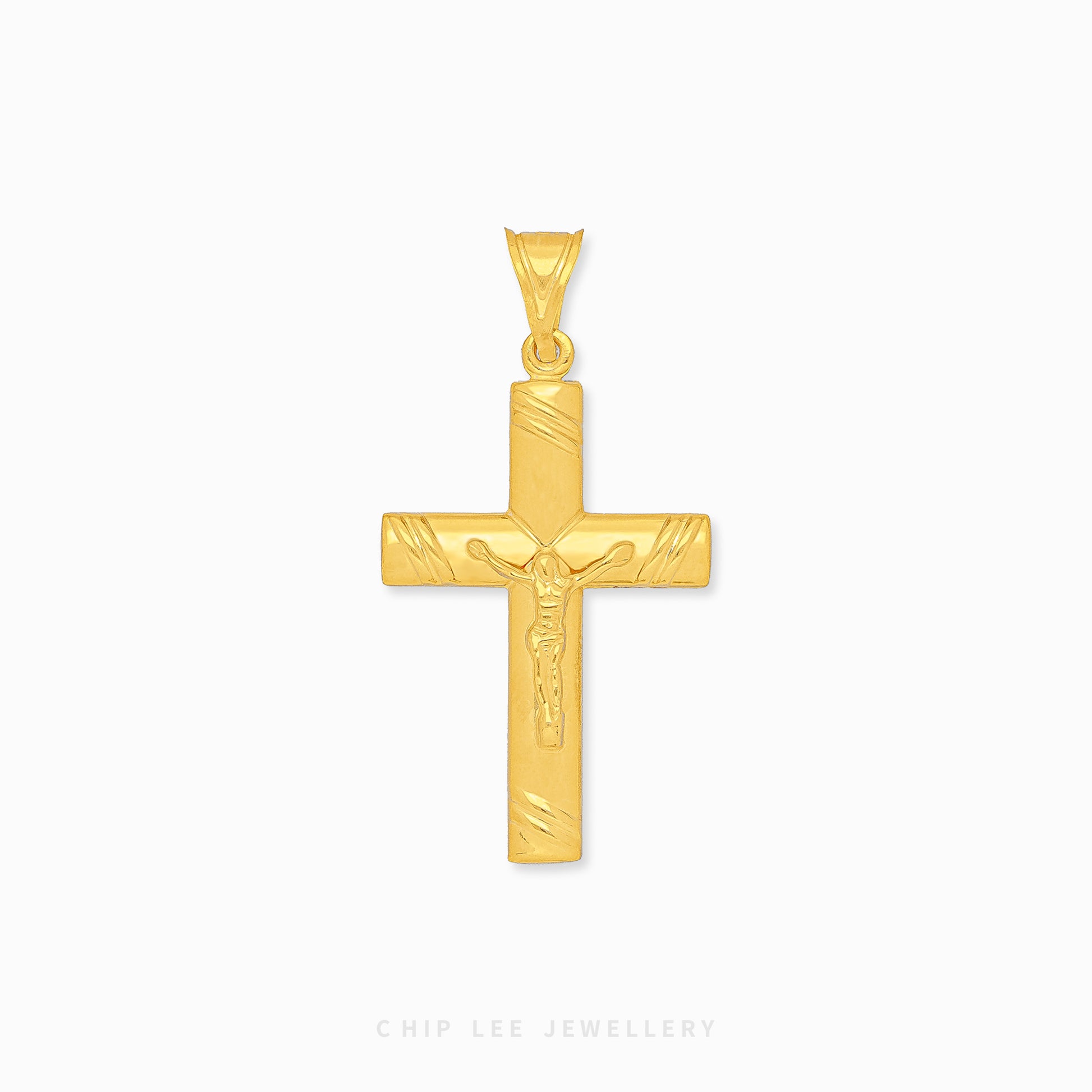 916 gold cross pendant with a detailed depiction of Jesus in the center. Hallmarked in Singapore for certified purity and authenticity.