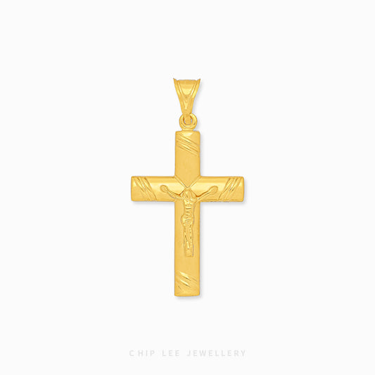 916 gold cross pendant with a detailed depiction of Jesus in the center. Hallmarked in Singapore for certified purity and authenticity.