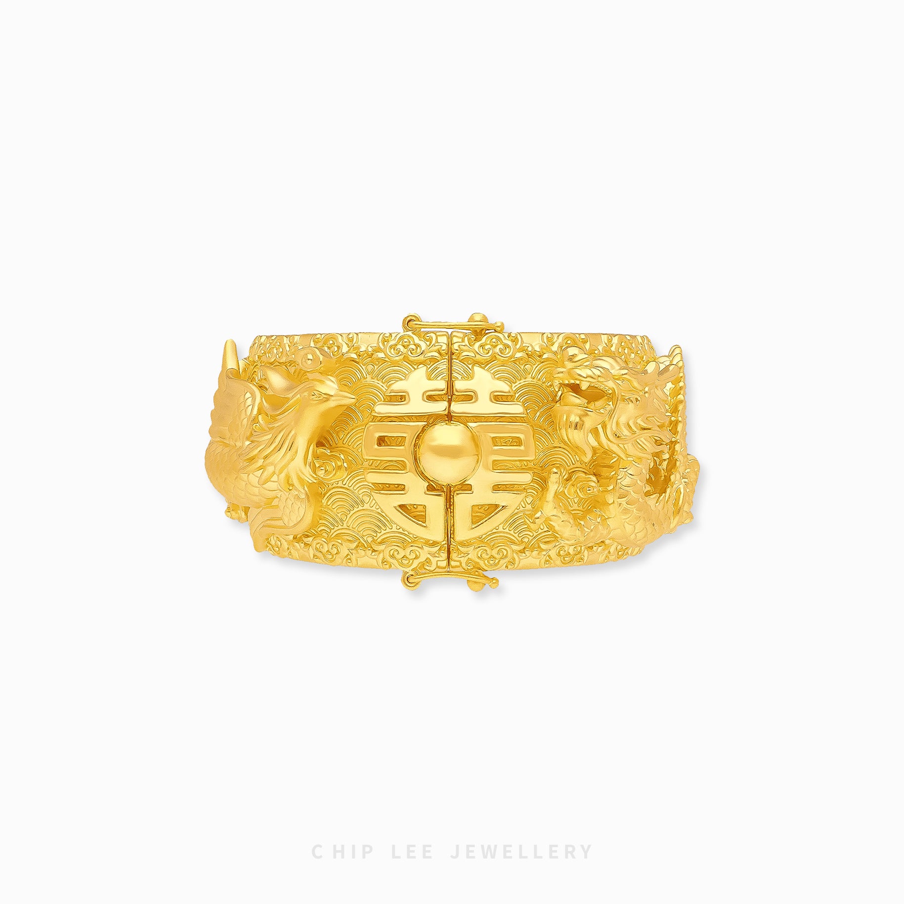 999 Pure Gold Dragon Phoenix Long Feng Bangle with intricate engravings symbolising harmony, unity, and prosperity in traditional Chinese culture.