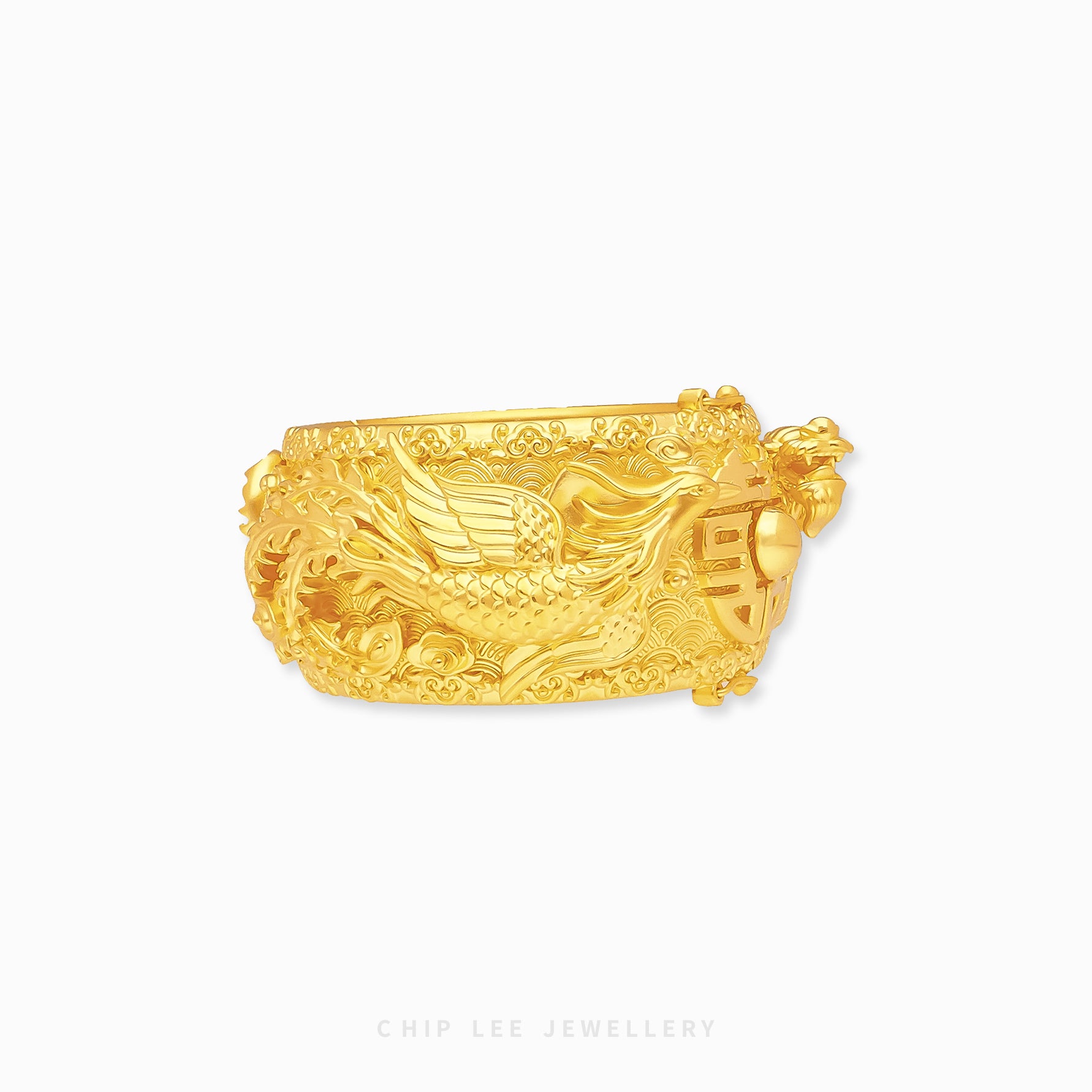 999 Pure Gold Dragon Phoenix Long Feng Bangle with intricate engravings symbolising harmony, unity, and prosperity in traditional Chinese culture.