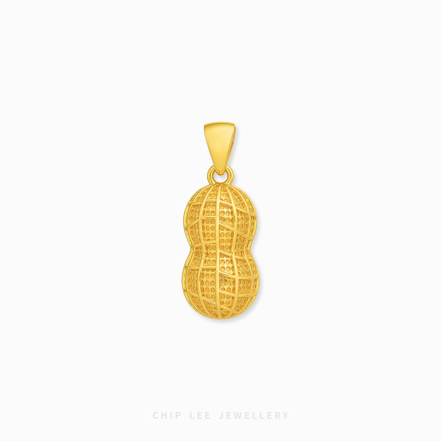 A gold peanut pendant featuring one peanut shell with a detailed cross-hatched pattern and another peanut inside, shown on a clean white background with Chip Lee Jewellery branding at the bottom.