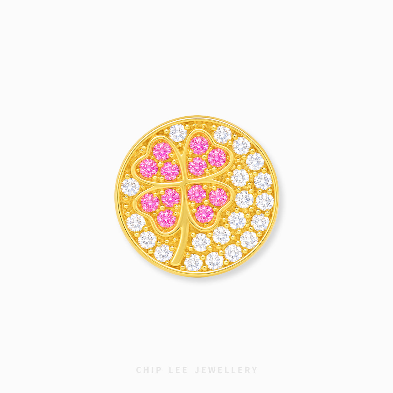 A round gold charm featuring a four-leaf clover design, with the center leaves set in pink stones and the surrounding border set in clear cubic zirconia, shown on a light gray background.